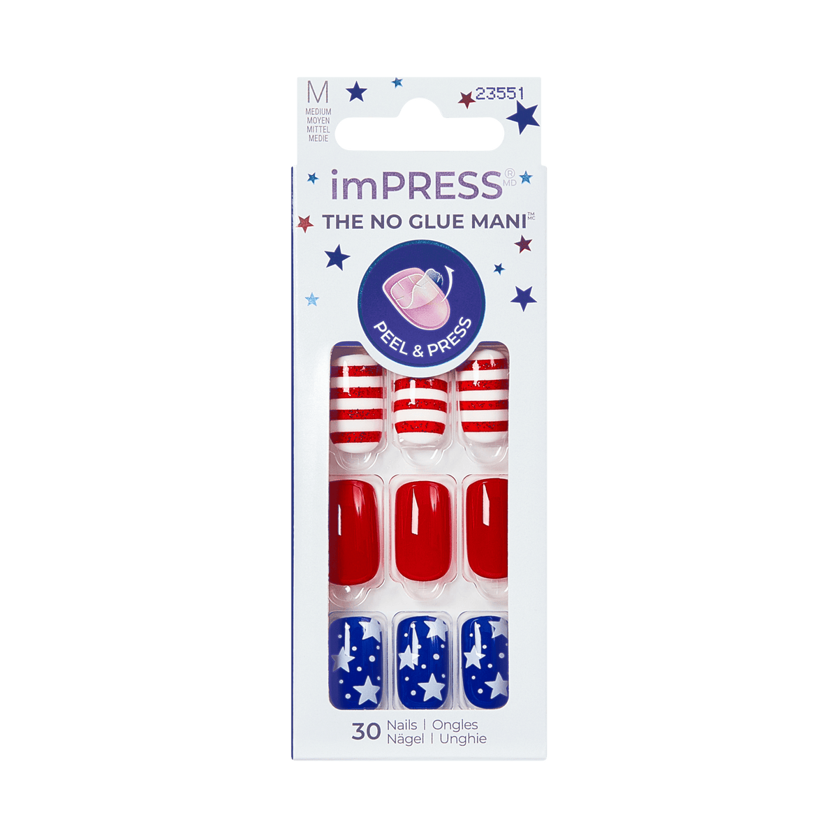 Packaging of imPRESS nail art with American flag design on a transparent background