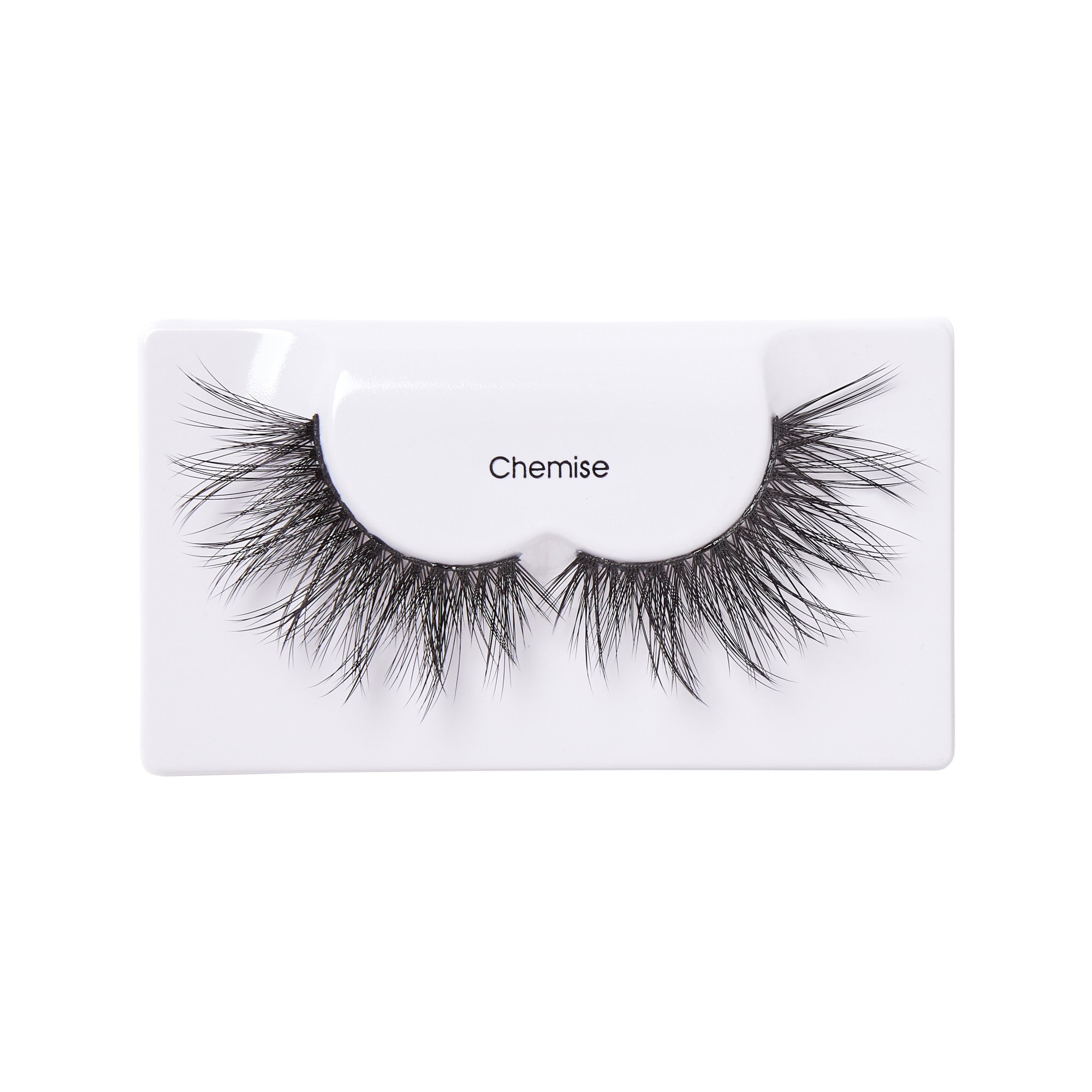 Black false eyelashes with a voluminous, wispy design displayed on white packaging labeled \