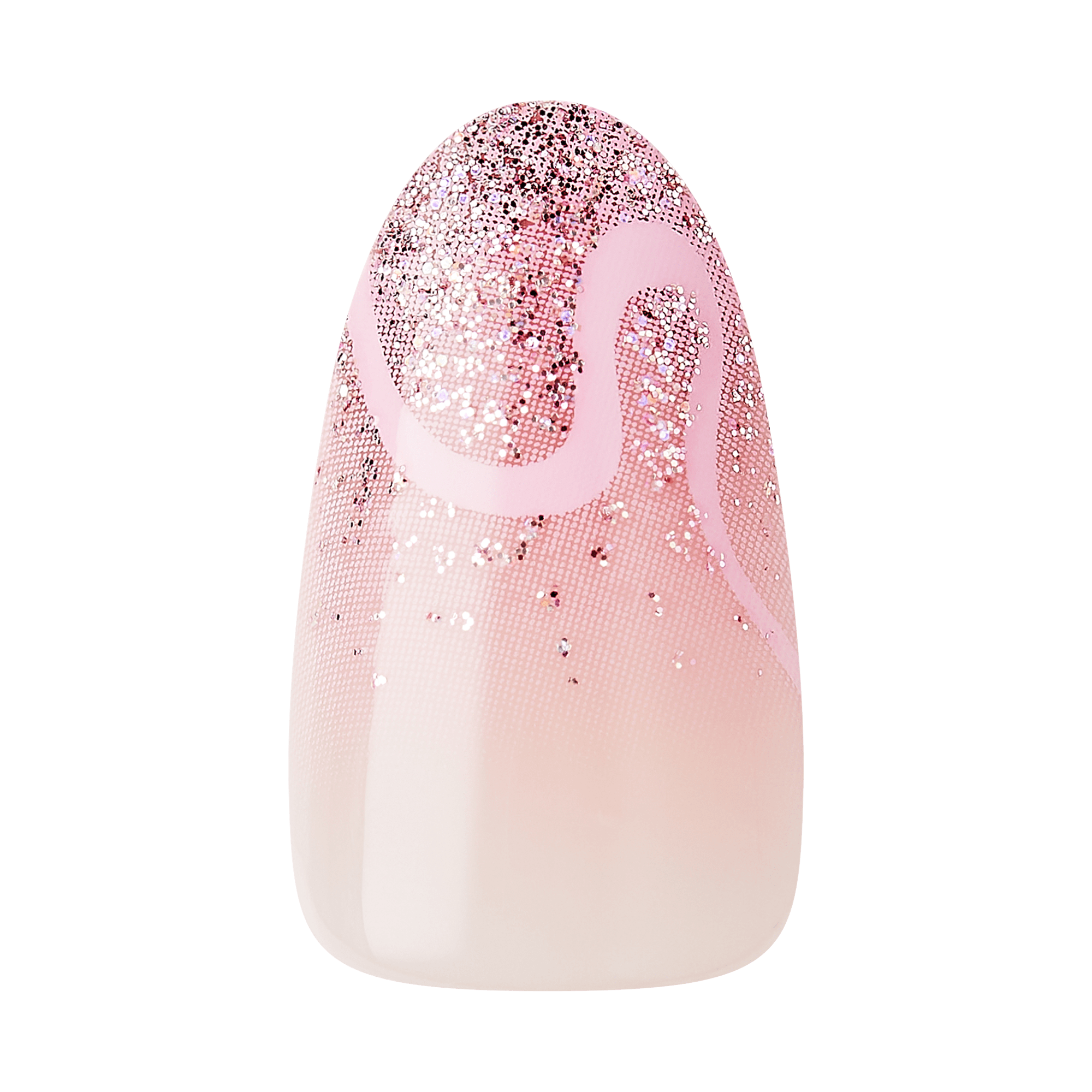 Pink ombre nail with glitter gradient design and swirl pattern