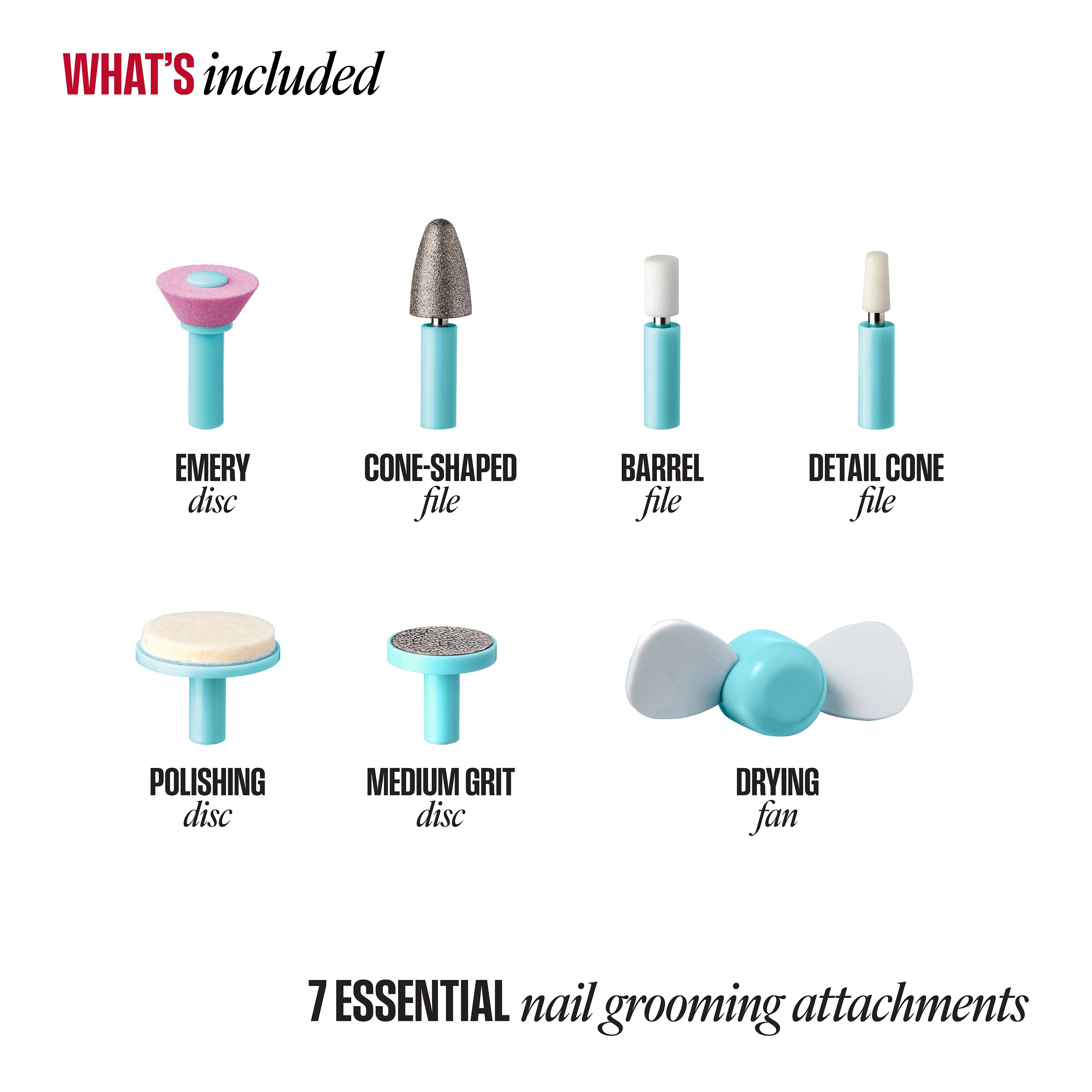 List of 7 essential nail grooming attachments with corresponding images on a white background.