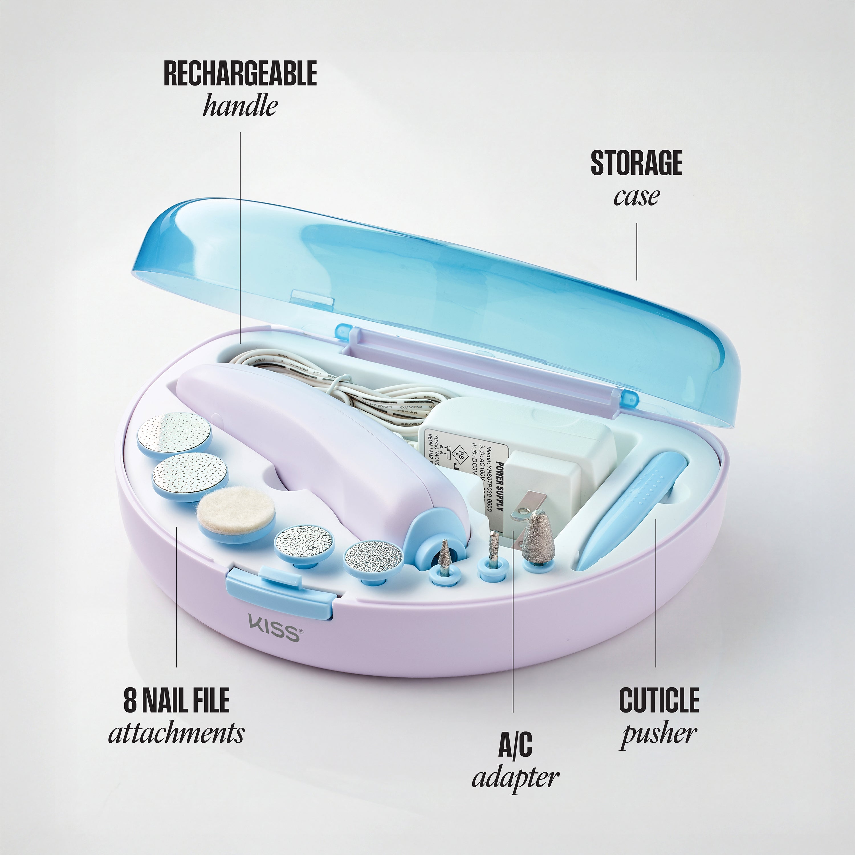 Nail care kit with various attachments labeled on a white background