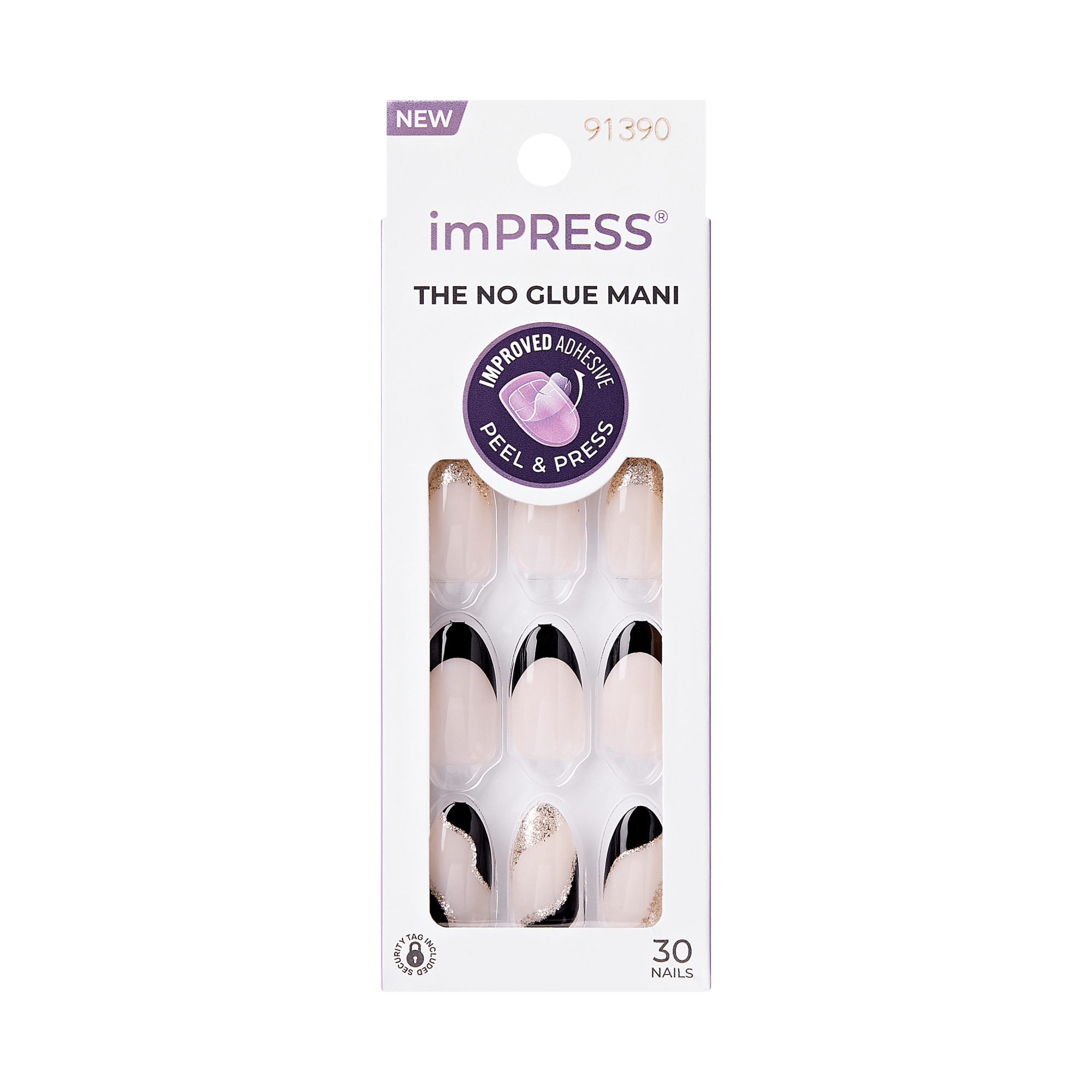 The image features a packaging for imPRESS press-on nails. The design showcases a set of 30 nails in various styles, primarily featuring a nude base with black tips and a decorative gold accent on one of the nails. The packaging is sleek and modern, labeled with "NEW" and "THE NO GLUE MANI," emphasizing the ease of application with a peel-and-press method. The overall aesthetic is stylish and appealing for those looking for a quick and fashionable nail solution.