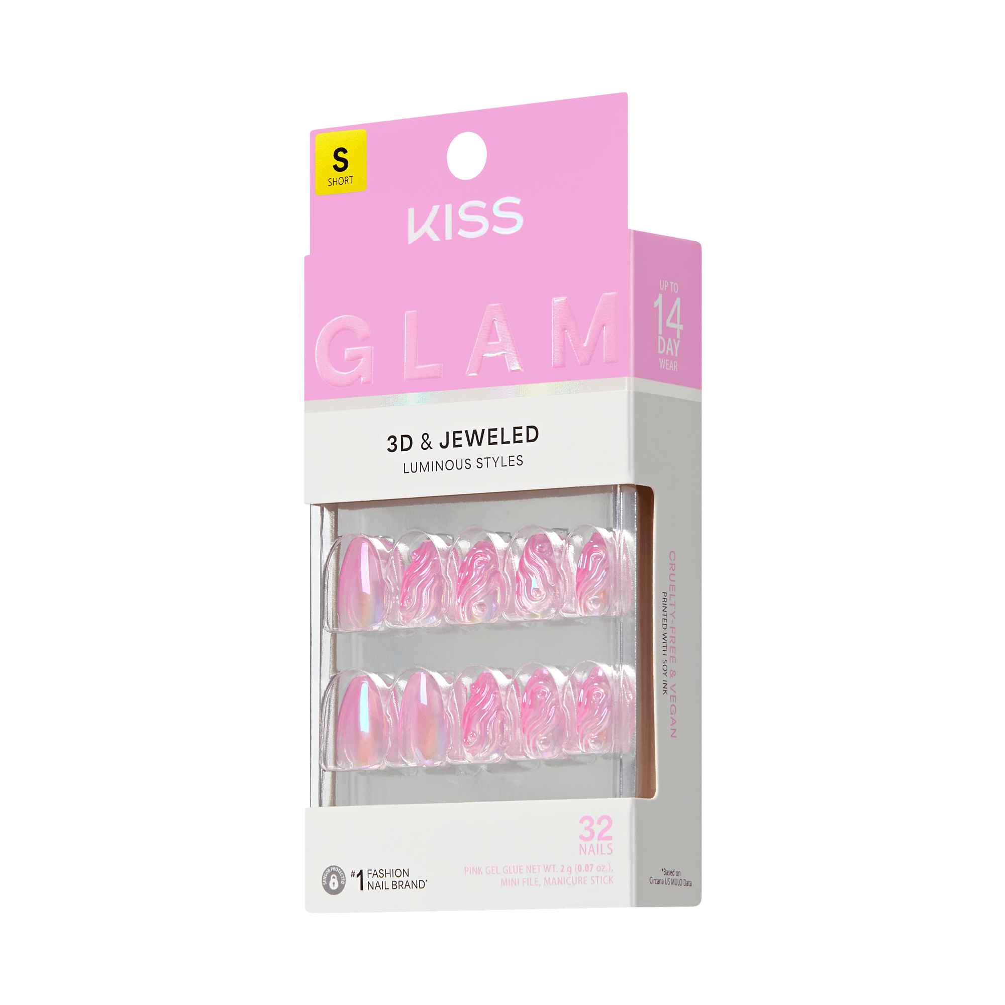 Kiss Glam Jeweled Press On Fake Glue Nails - Starry Chiffon | 3D & Jeweled Design, Pink, Short, Almond