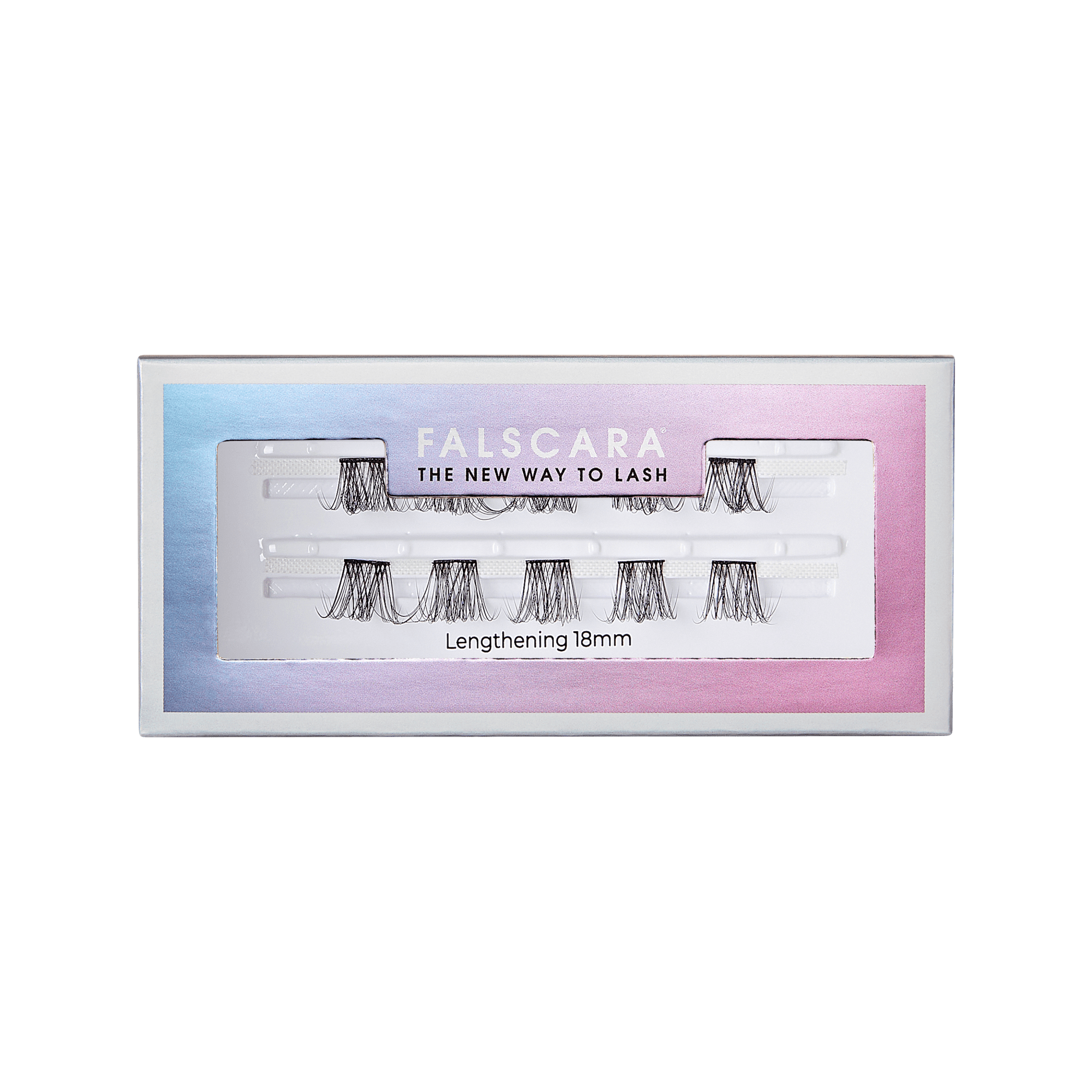 The image shows a product package for "Falscara," which is described as "The New Way to Lash." The packaging has a gradient background with shades of blue, purple, and pink. Inside the package, there are several sets of false eyelashes arranged in two rows. The product is labeled as "Lengthening 18mm," indicating the length of the lashes. The overall design is sleek and modern, with a clear window in the center to display the lashes.