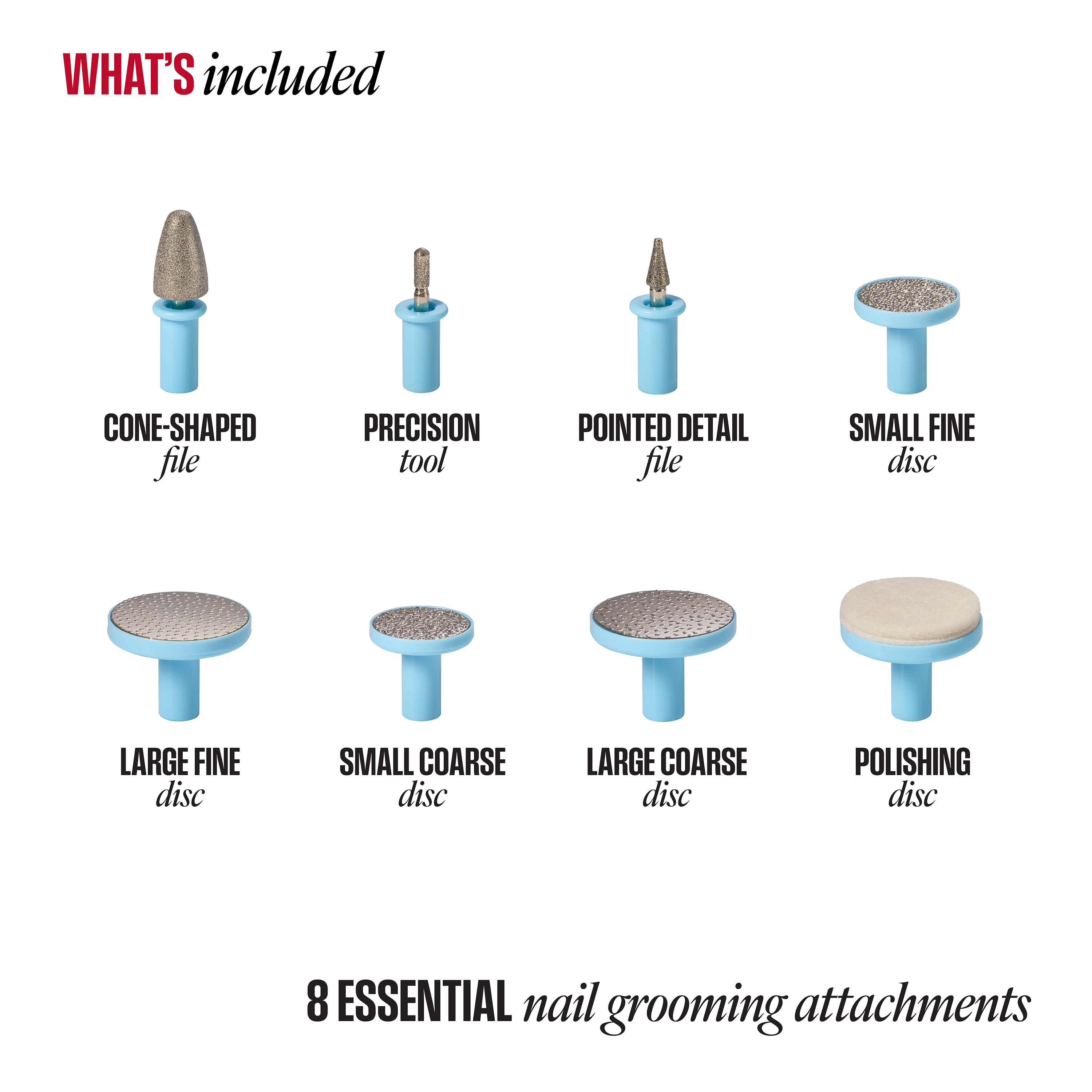 8 essential nail grooming attachments with labels on a white background