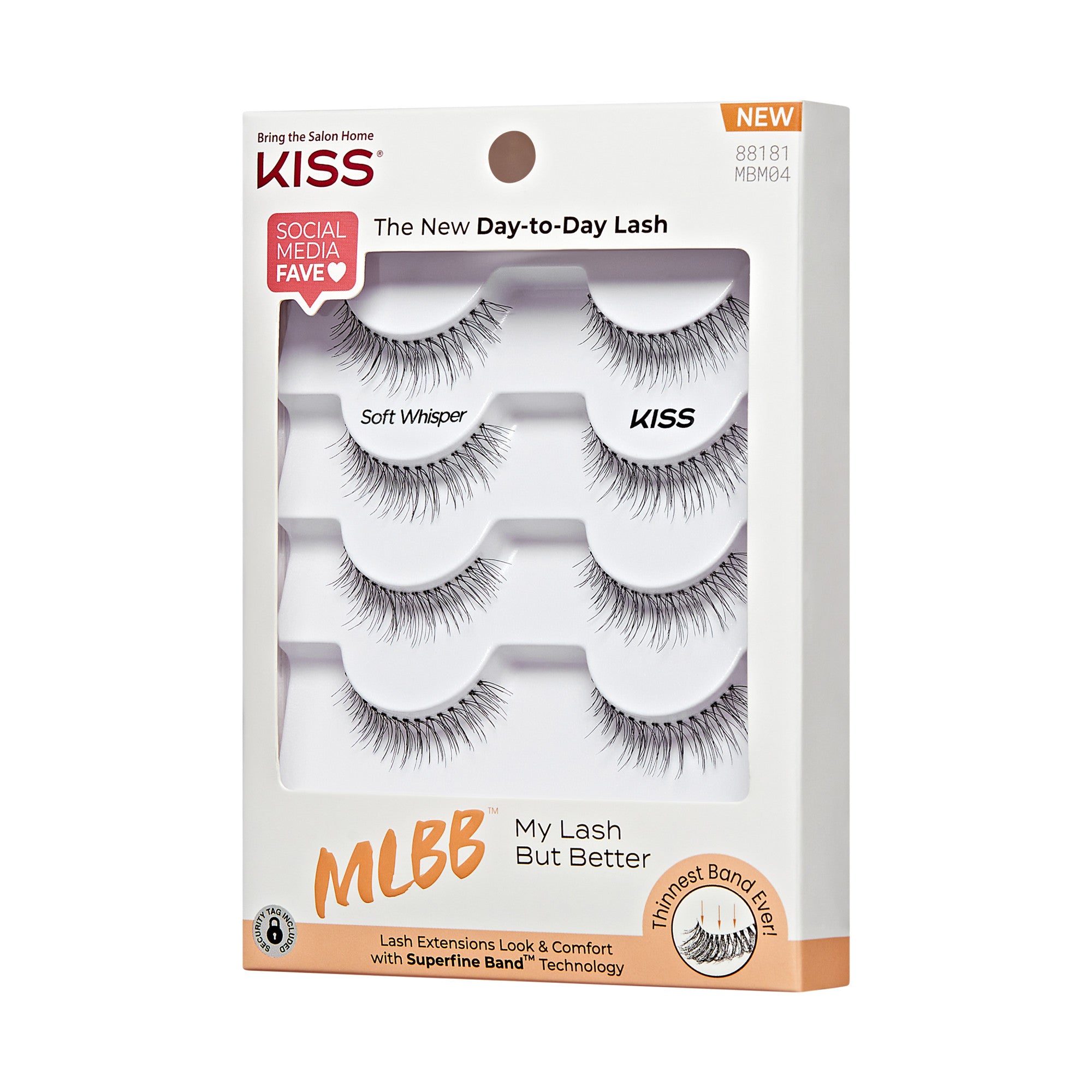 The image features a packaging for KISS brand false eyelashes. The box is labeled "Bring the Salon Home" and highlights the product as a "Social Media Fave." It showcases three different styles of lashes, including "Soft Whisper" and "MLBB" (My Lash But Better). The packaging emphasizes the ease of use and comfort of the lashes, which are designed with "Superfine Band" technology. The overall design is clean and modern, with a focus on the lashes themselves.