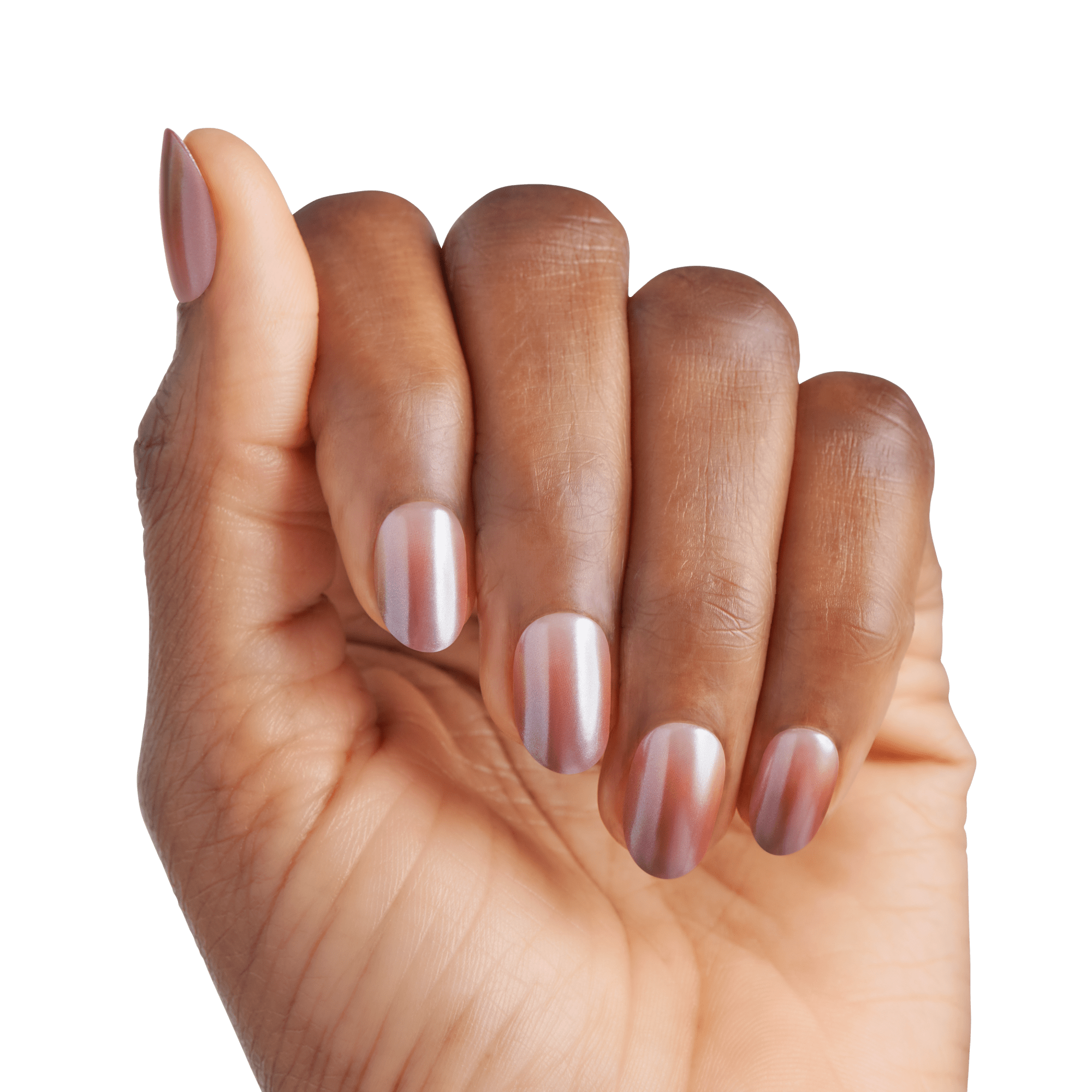 The image features a hand with a well-manicured set of nails. The nails are painted in a gradient style, showcasing a blend of soft, muted tones that transition from a light shade to a deeper hue. The hand is positioned with fingers slightly curled, displaying the nails prominently against a plain white background. The skin tone of the hand is rich and warm, adding to the overall aesthetic of the image.