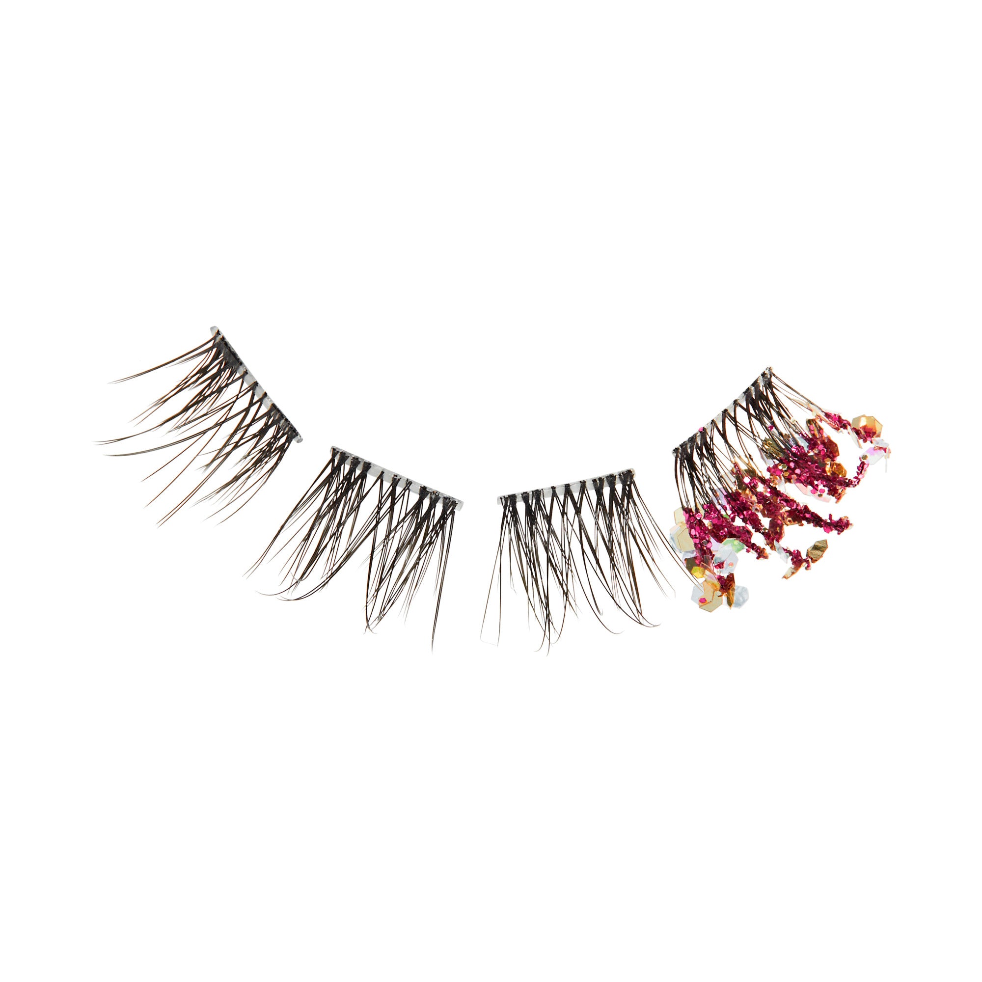 Set of four individual false eyelashes, varying lengths, in black; one decorated with pink and gold glittery embellishments at tips.