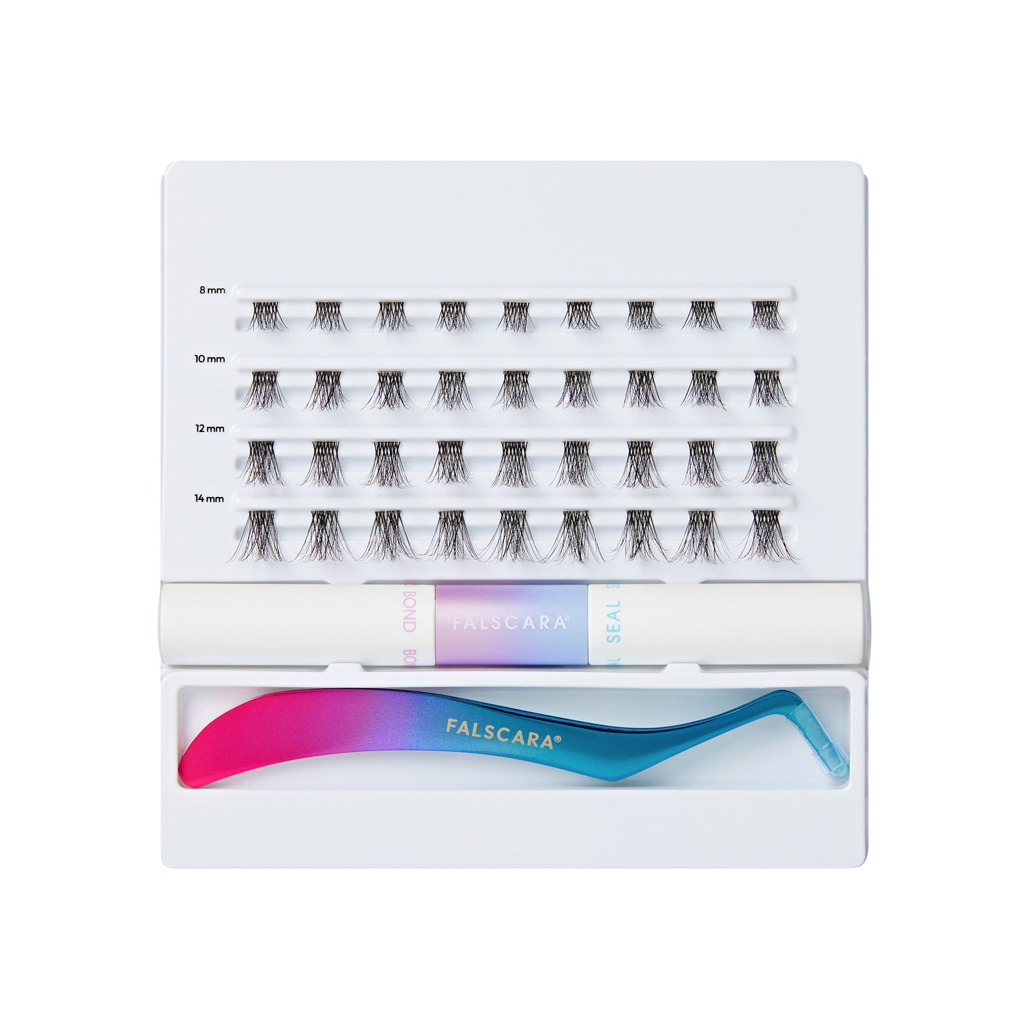 Falscara false lash kit with four sizes (8mm, 10mm, 12mm, 14mm) and applicator tool.