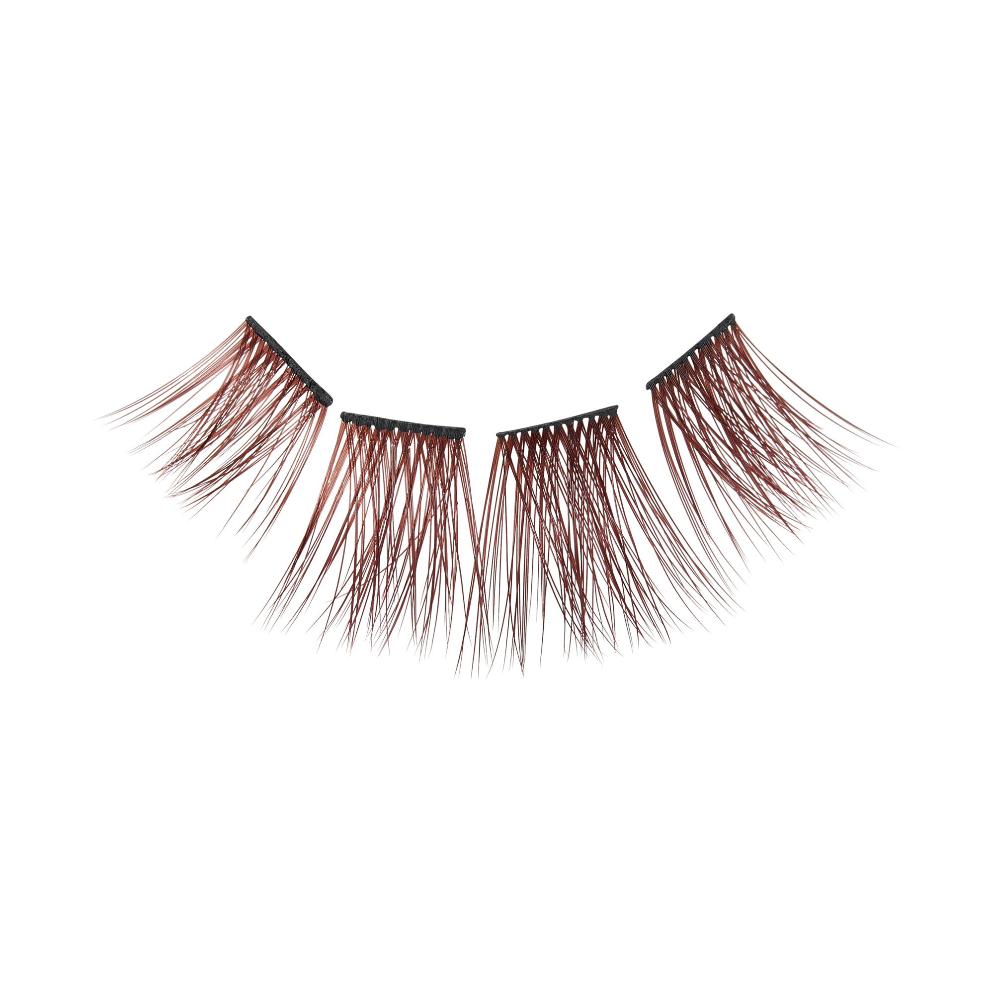 Four individual mocha-colored false eyelash wisps arranged side by side on a white background, showing delicate, sparsely spaced fibers with black bases.