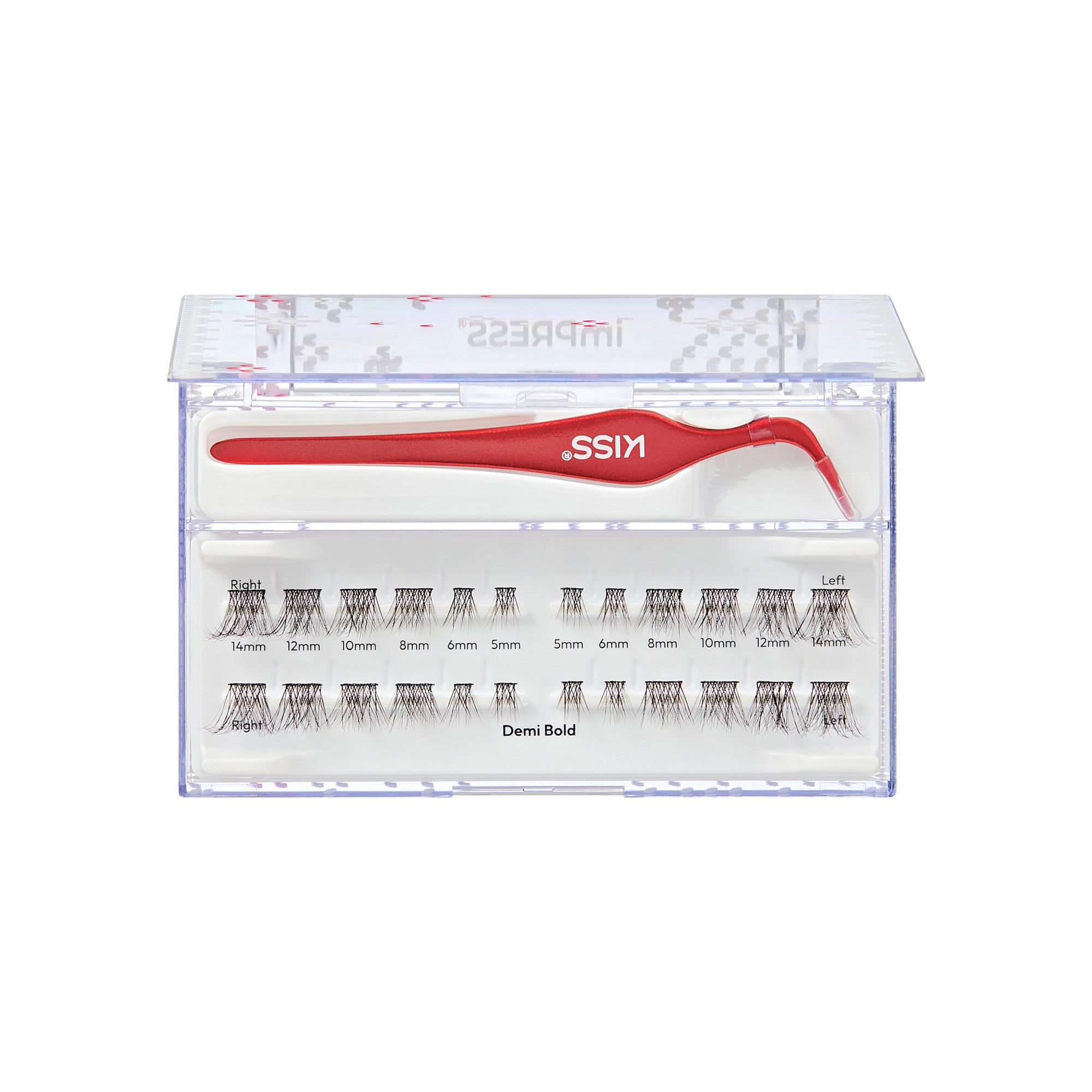 Misss lash extension kit with red applicator and demi bold lashes in multiple sizes