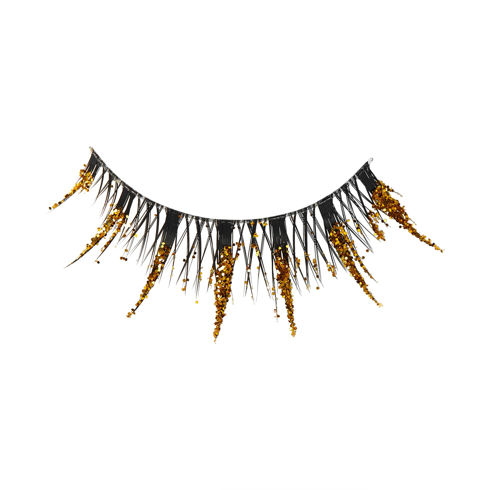 The image features a pair of dramatic false eyelashes. The lashes are predominantly black with a unique design that includes elongated, spiky strands. Interspersed among the lashes are small, shimmering gold embellishments that add a touch of sparkle and glamour. The overall look is bold and eye-catching, perfect for a striking makeup statement.