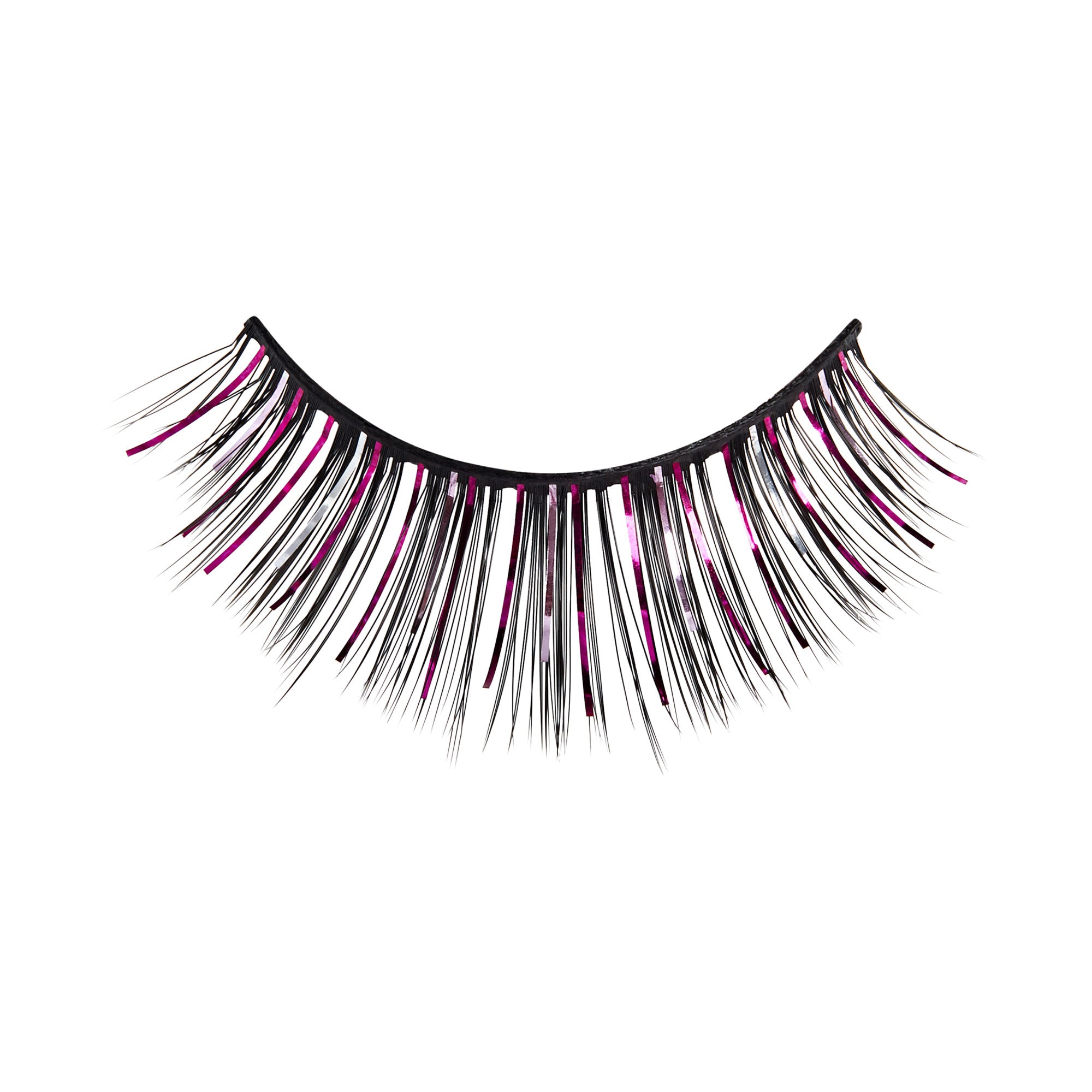 The image features a pair of false eyelashes. The lashes are long and wispy, with a black base and vibrant pink accents throughout. The design is dramatic, adding a pop of color and flair, making them suitable for bold makeup looks or special occasions. The lashes are curved to enhance the natural shape of the eyes.