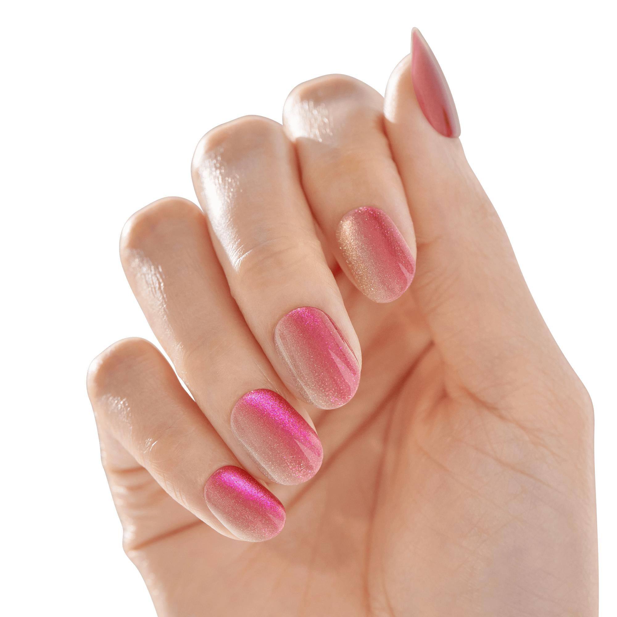The image shows a close-up of a hand with manicured nails. The nails are painted with a gradient design that transitions from a light, shimmery pink at the base to a darker, more vibrant pink at the tips. The nails are neatly shaped and have a glossy finish, giving them a polished and well-maintained appearance. The background is blurred, keeping the focus on the nails.