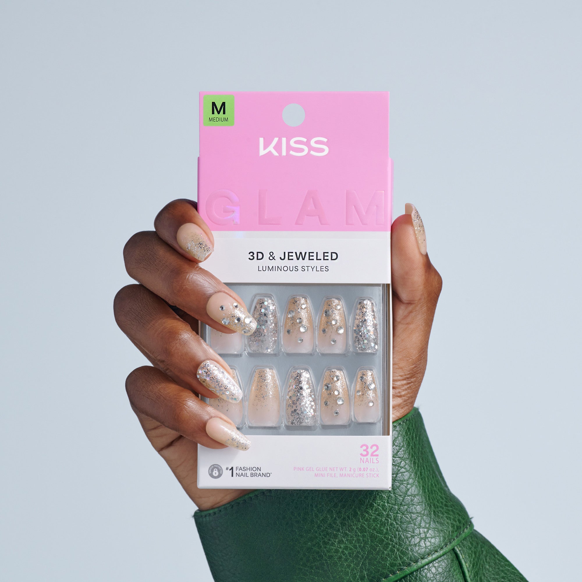 Kiss Glam 3D & Jeweled Press On Fake Glue Nails - Yours | 3D & Jewel Design, Pink, Medium, Coffin