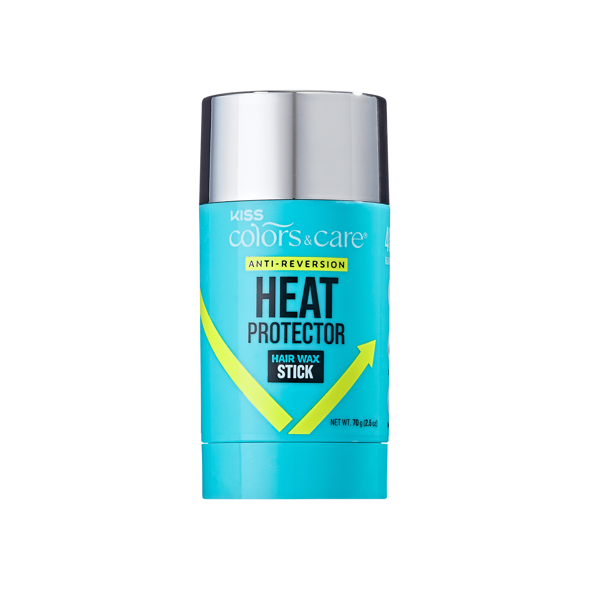 Blue stick container of KISS Colors & Care Anti-Reversion Heat Protector Hair Wax with silver cap and yellow arrows, 70g (2.5 oz).