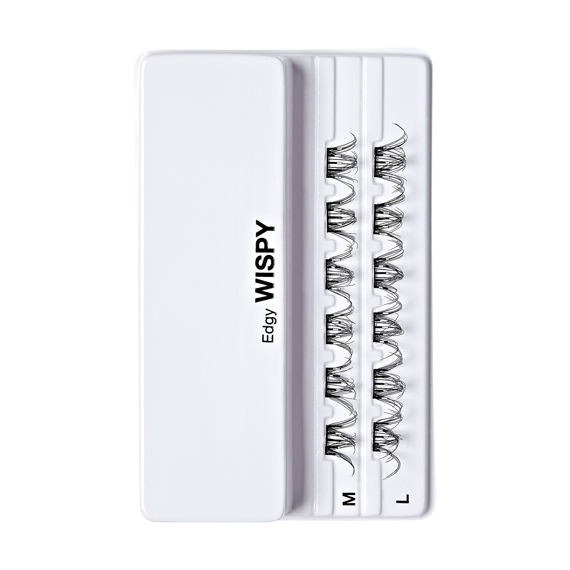 The image shows a white plastic case labeled "Edgy WISPY" on the left side. Inside the case, there are three rows of false eyelashes. Each row is labeled with a different size: "M" for medium, "L" for large, and an unlabeled row which could be small. The eyelashes are arranged neatly in the case, with each row containing a set of wispy, curled lashes. The overall design is clean and minimalistic.