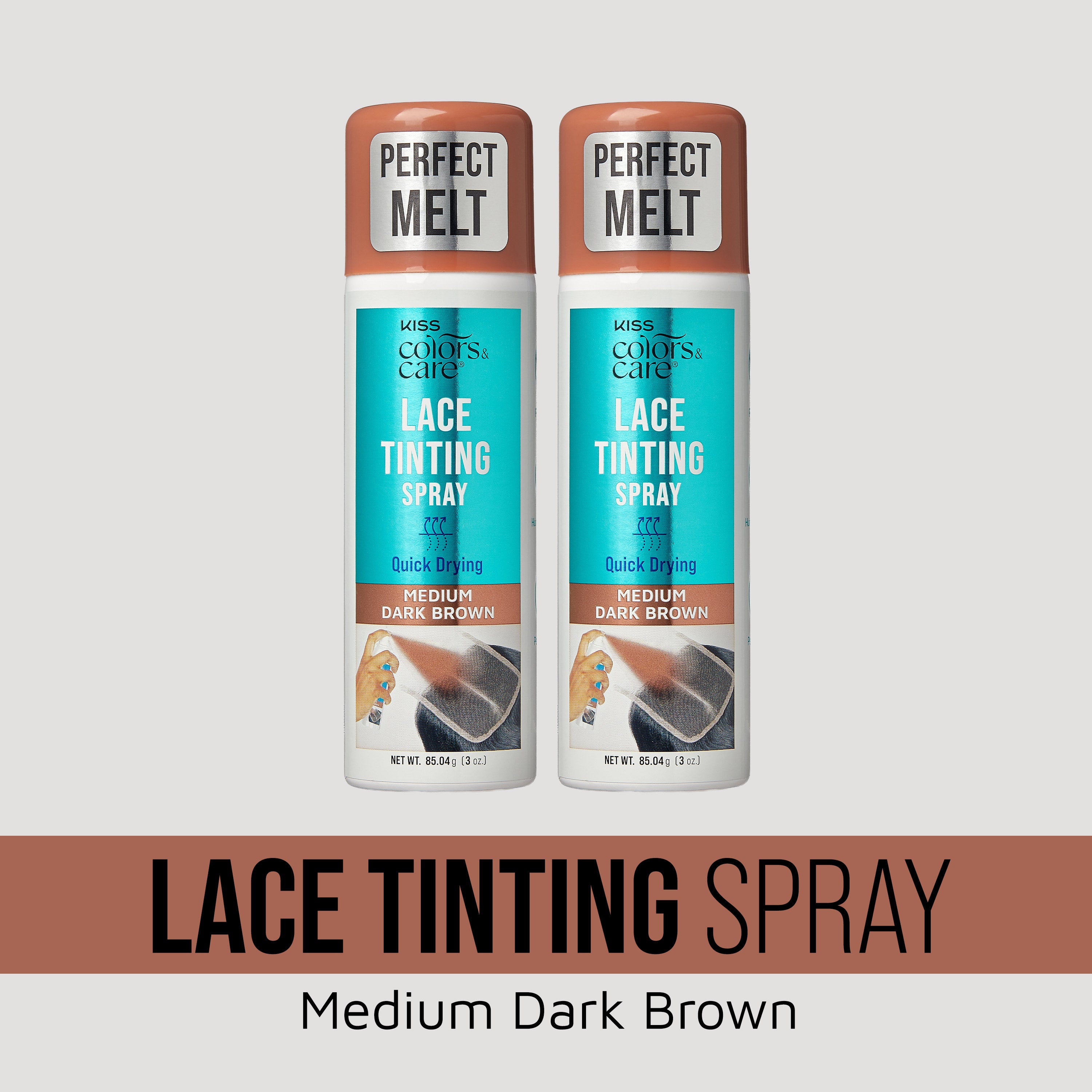 KISS Colors & Care Lace Tinting Spray in Medium Dark Brown, two bottles shown.