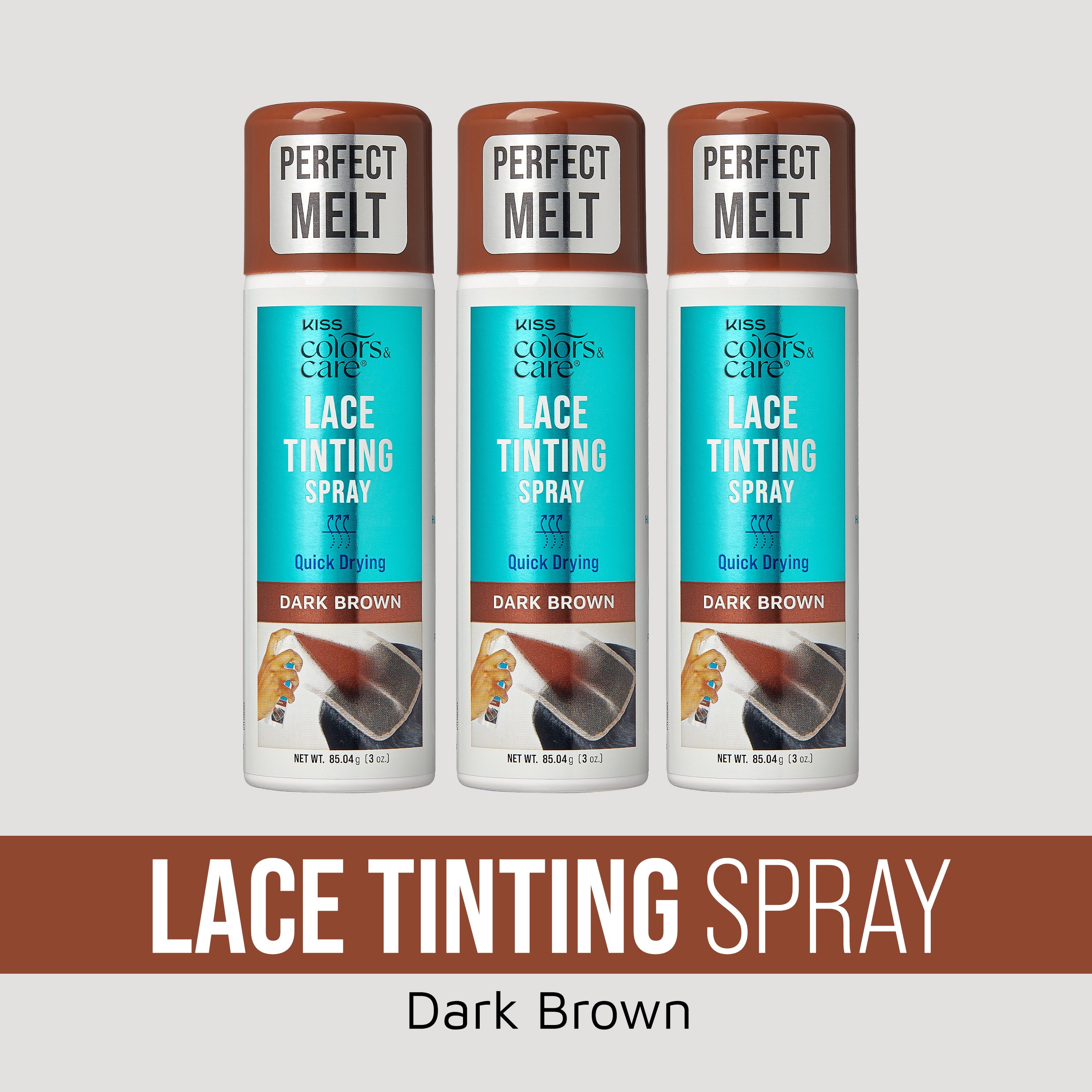 Three KISS Perfect Melt Lace Tinting Spray bottles in Dark Brown, Quick Drying formula.