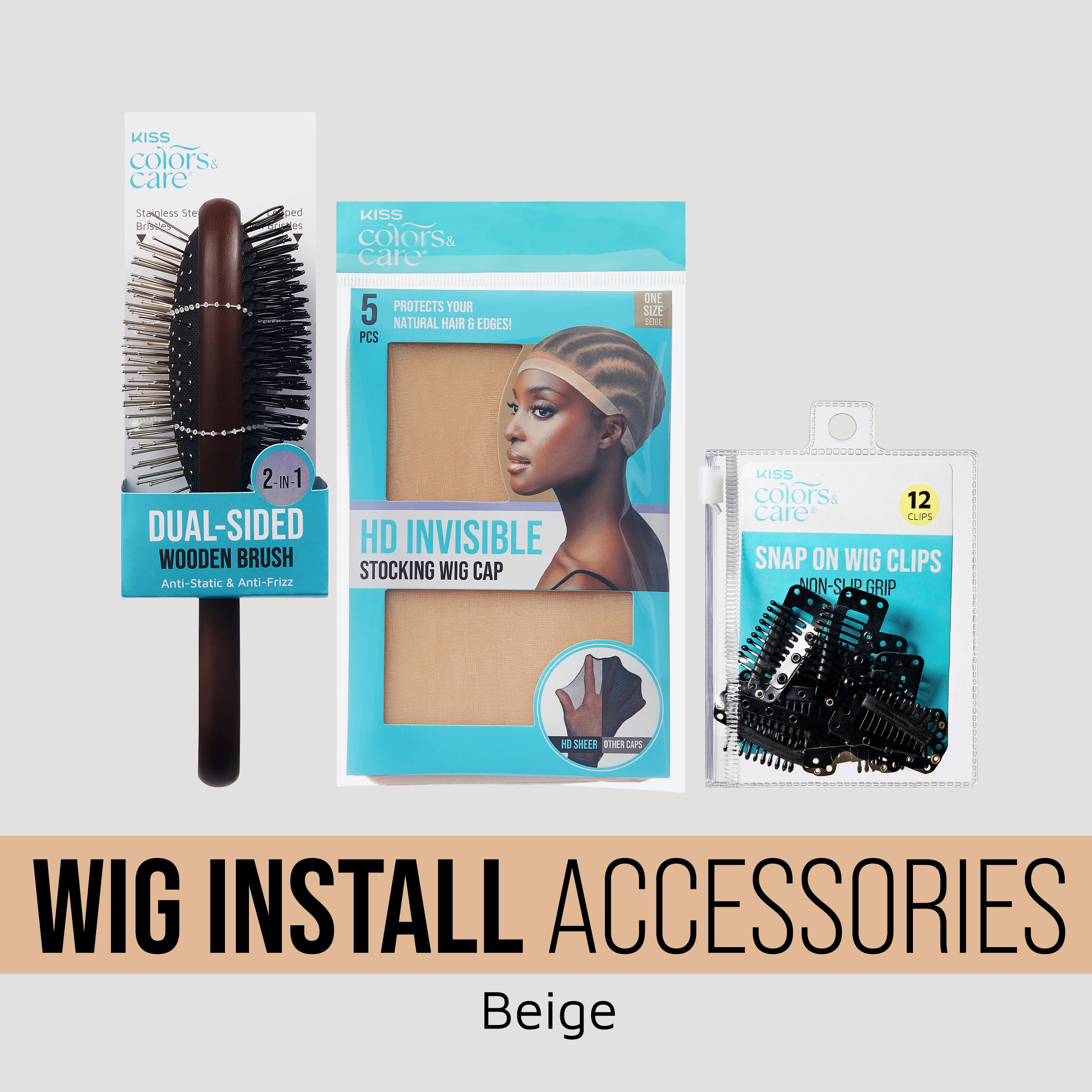 Kiss Colors & Care beige wig installation accessories bundle: brush, cap, clips.