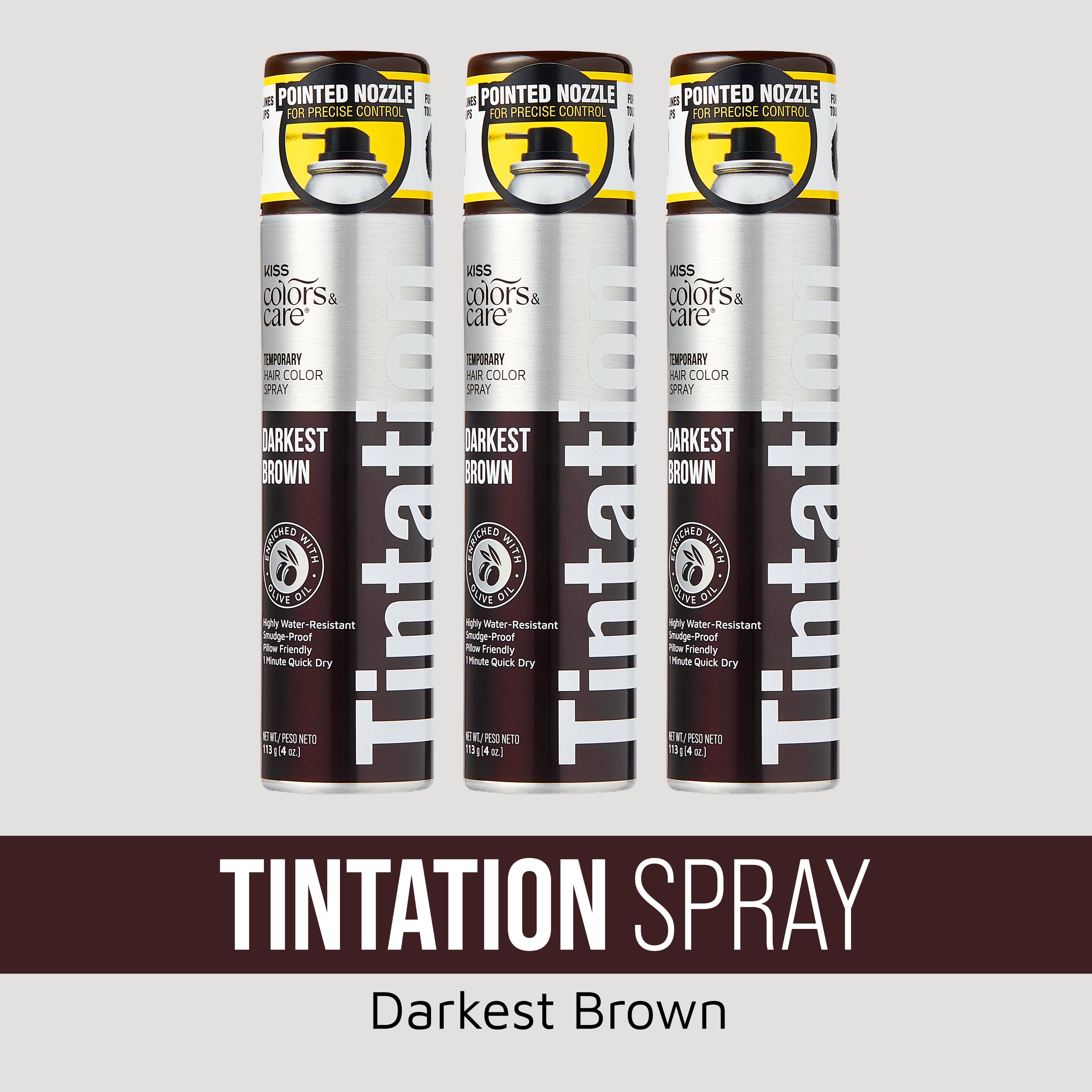 Three Tintation Spray cans in Darkest Brown with pointed nozzle for precise control.