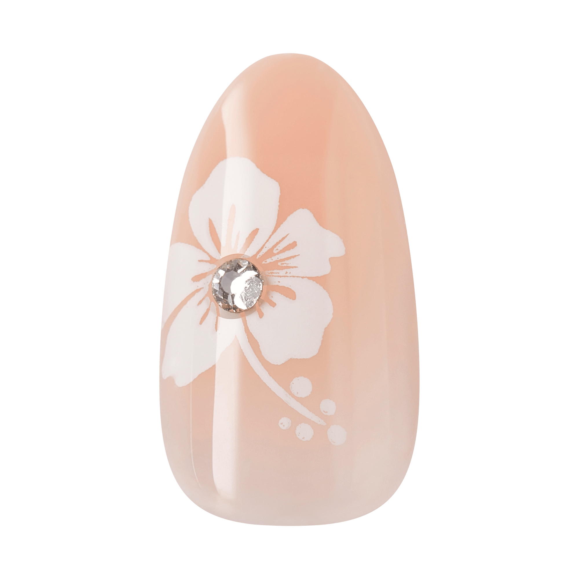 Almond-shaped nail with peach base, white flower design, and crystal rhinestone accent.