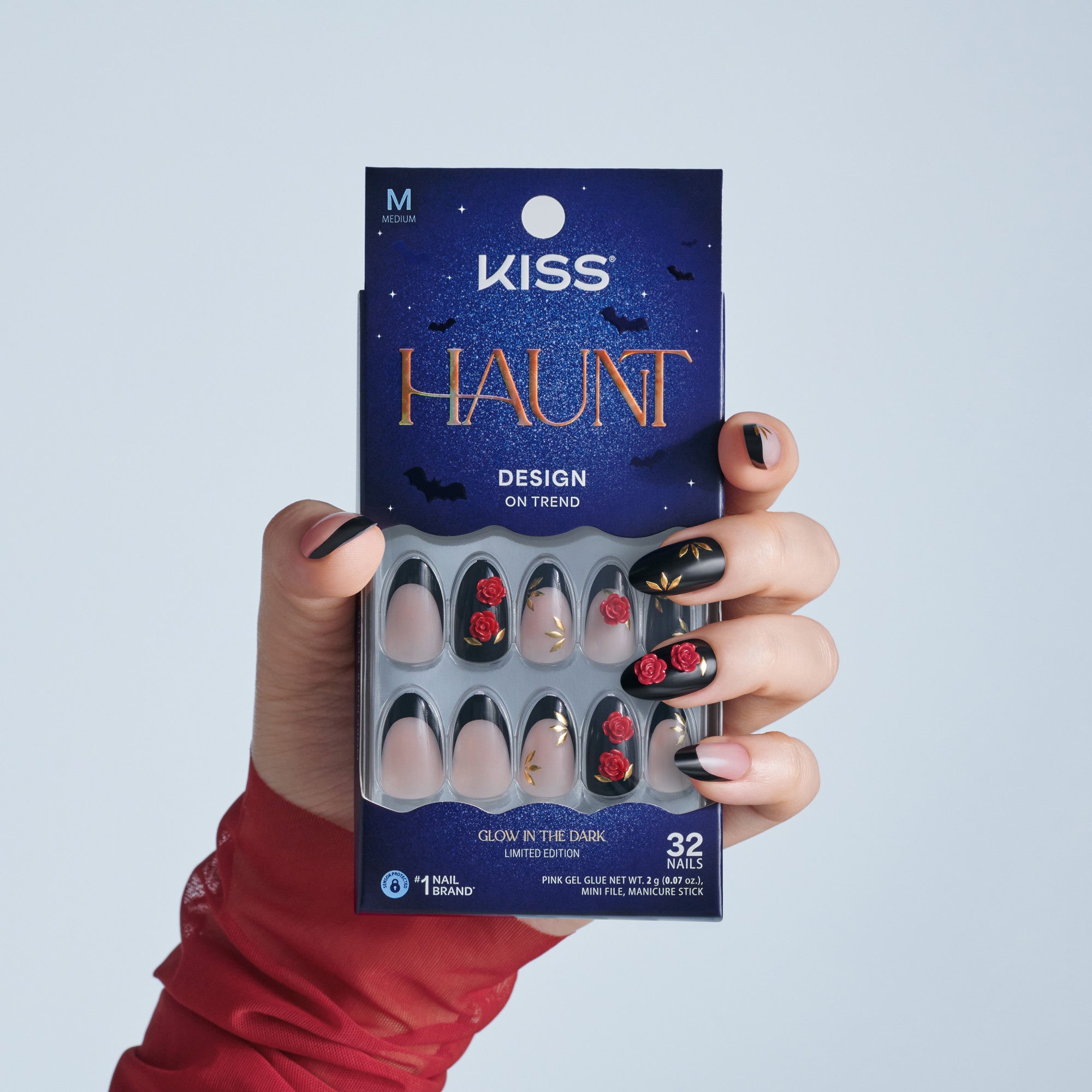 Kiss Haunt Halloween Press On Fake Glue Nails - Drop Dead Gorgeous | French Design, Black & Red, Medium, Almond, Glow In The Dark