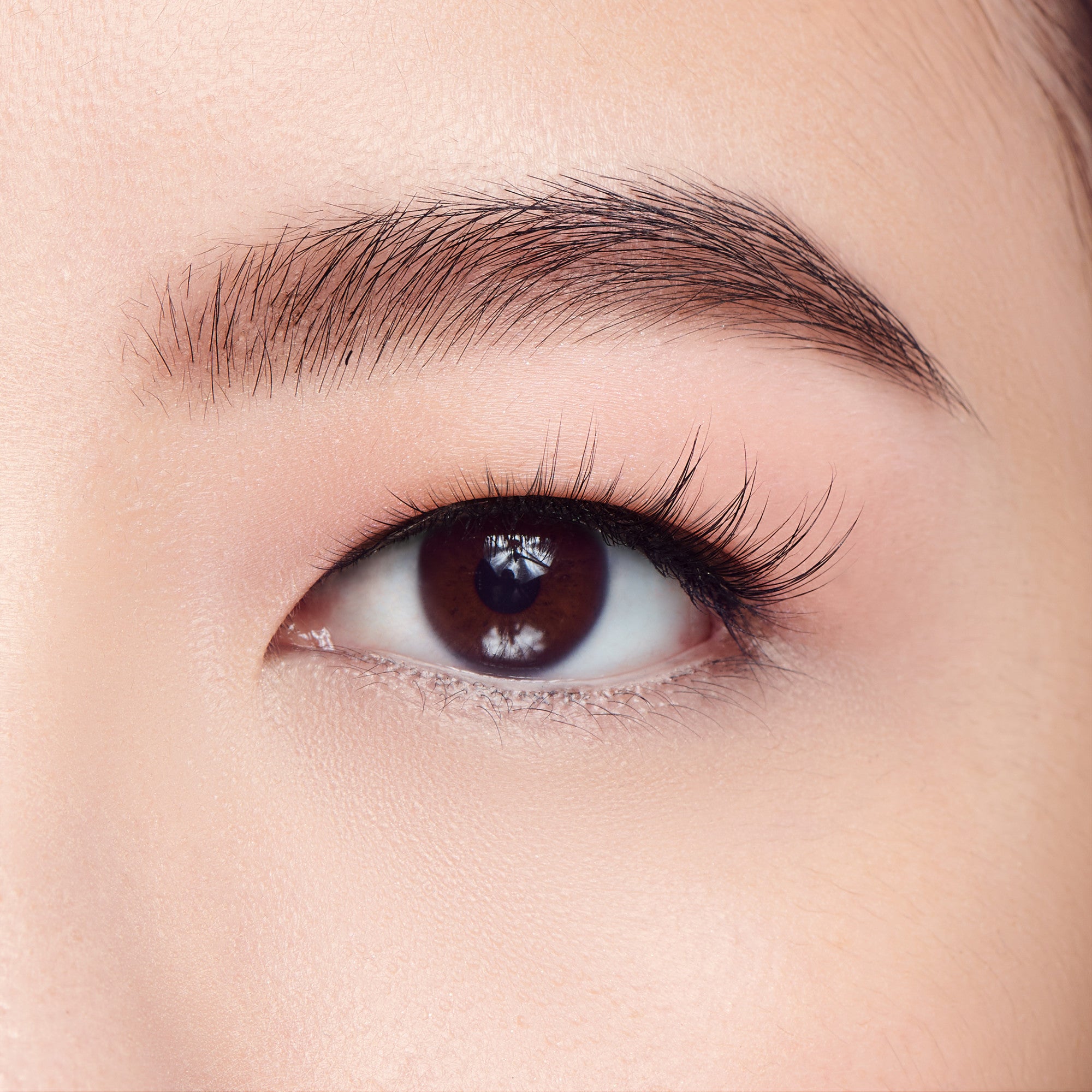 The image features a close-up of a human eye, showcasing a smooth, well-groomed eyebrow above it. The eye itself has a rich, dark brown iris and long, delicate eyelashes. The skin around the eye appears flawless and lightly illuminated, enhancing the overall clarity and detail of the eye. The focus is on the eye&