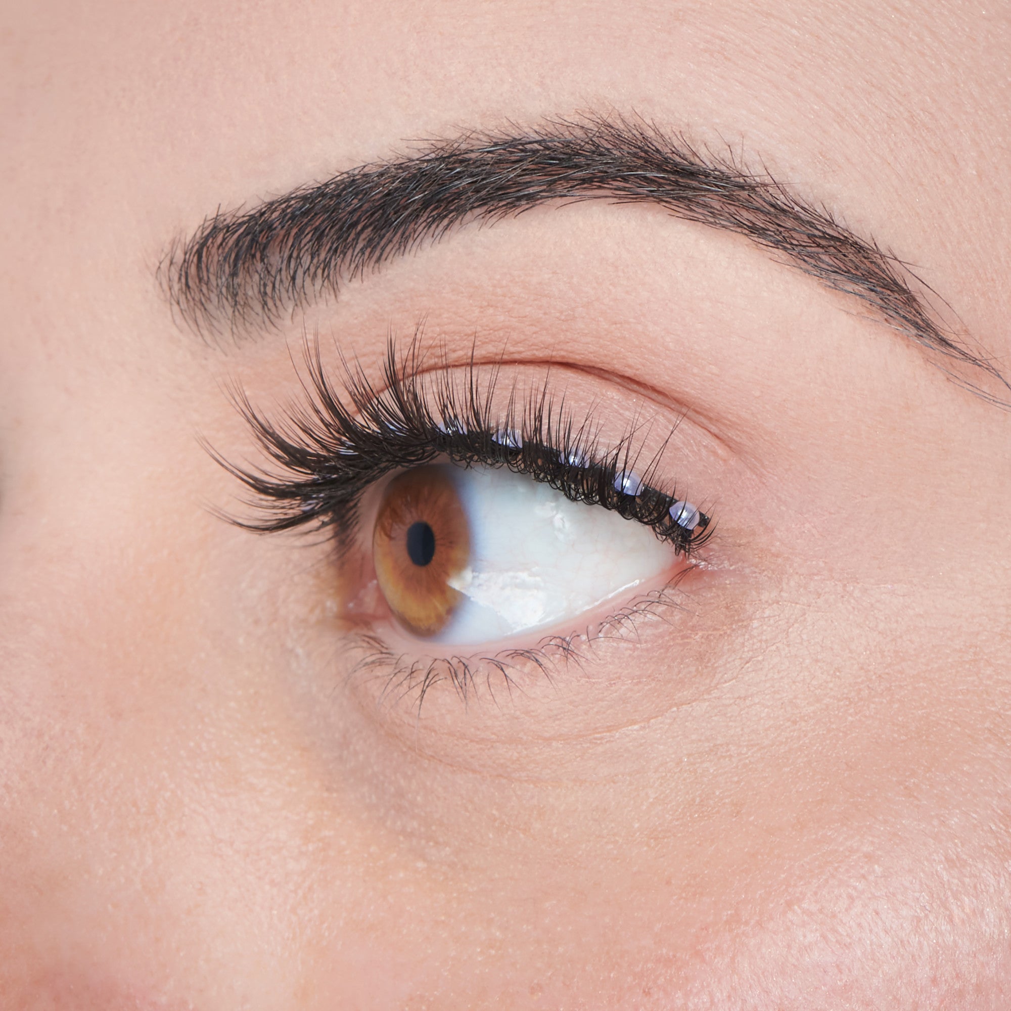Close-up of open eye with dark eyebrow, black eyeliner, and golden-brown iris against pale skin.