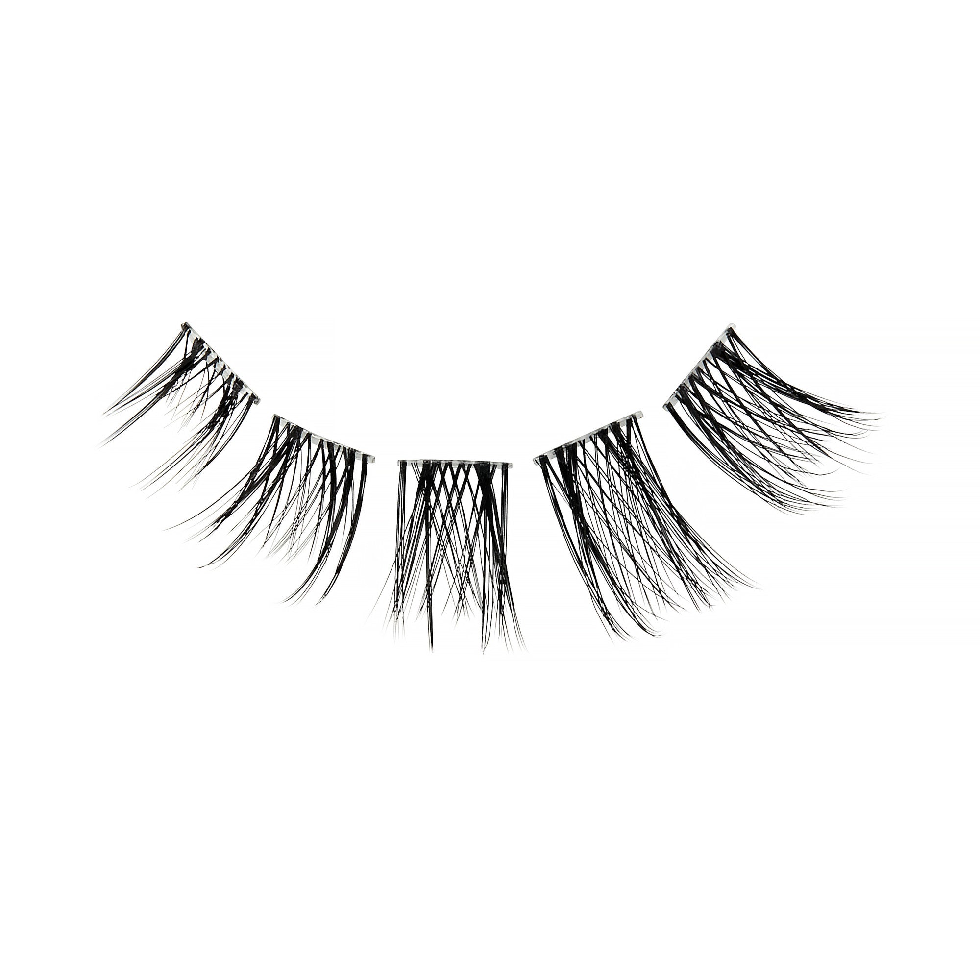 The image features a pair of false eyelashes displayed against a white background. The lashes are long and wispy, with varying lengths that create a dramatic effect. They are arranged in a curved shape, designed to enhance the appearance of natural eyelashes. The overall look is bold and glamorous, suitable for makeup applications that aim for a striking eye look.