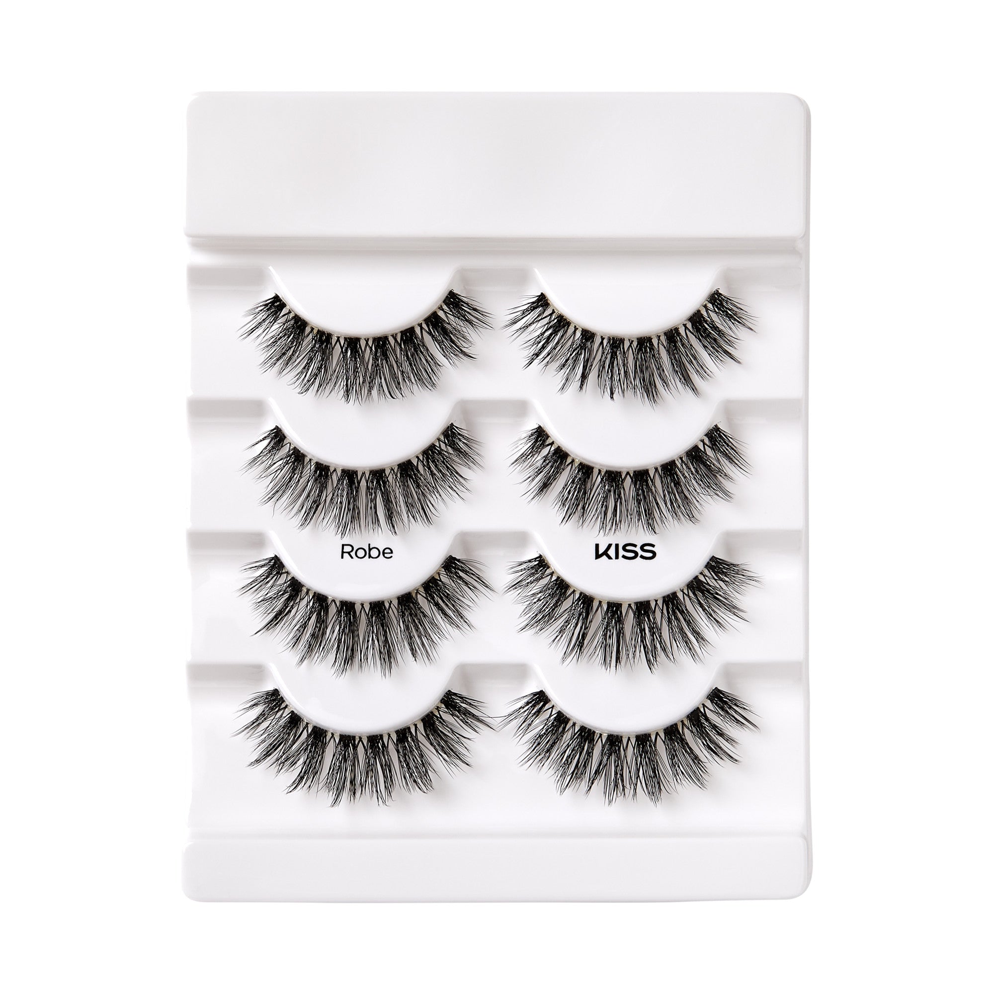 The image shows a set of false eyelashes displayed on a white plastic tray. There are five pairs of eyelashes arranged in a vertical stack. Each pair is positioned on a curved holder that mimics the shape of an eyelid. The eyelashes are thick, voluminous, and have a wispy appearance. The second pair from the top is labeled "Robe," and the third pair is labeled "KISS." The overall presentation is neat and organized, making it easy to view and select the eyelashes.