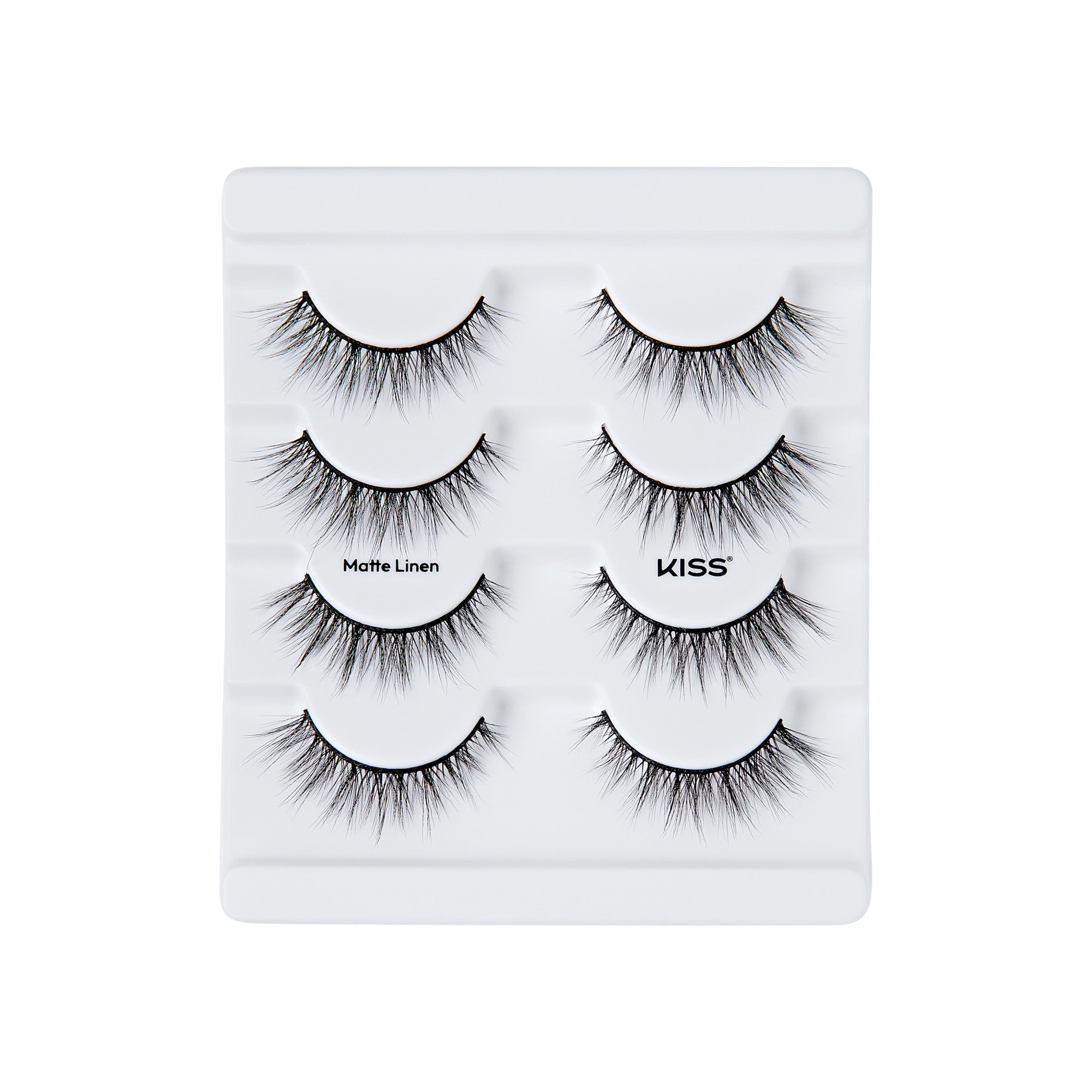 The image shows a package of false eyelashes. The package contains three pairs of eyelashes arranged vertically. Each pair is neatly placed in its own slot on a white plastic tray. The eyelashes are labeled "Matte Linen" and "KISS," indicating the brand and style. The lashes are long, voluminous, and have a natural, wispy appearance. The packaging is simple and clean, focusing on showcasing the eyelashes.