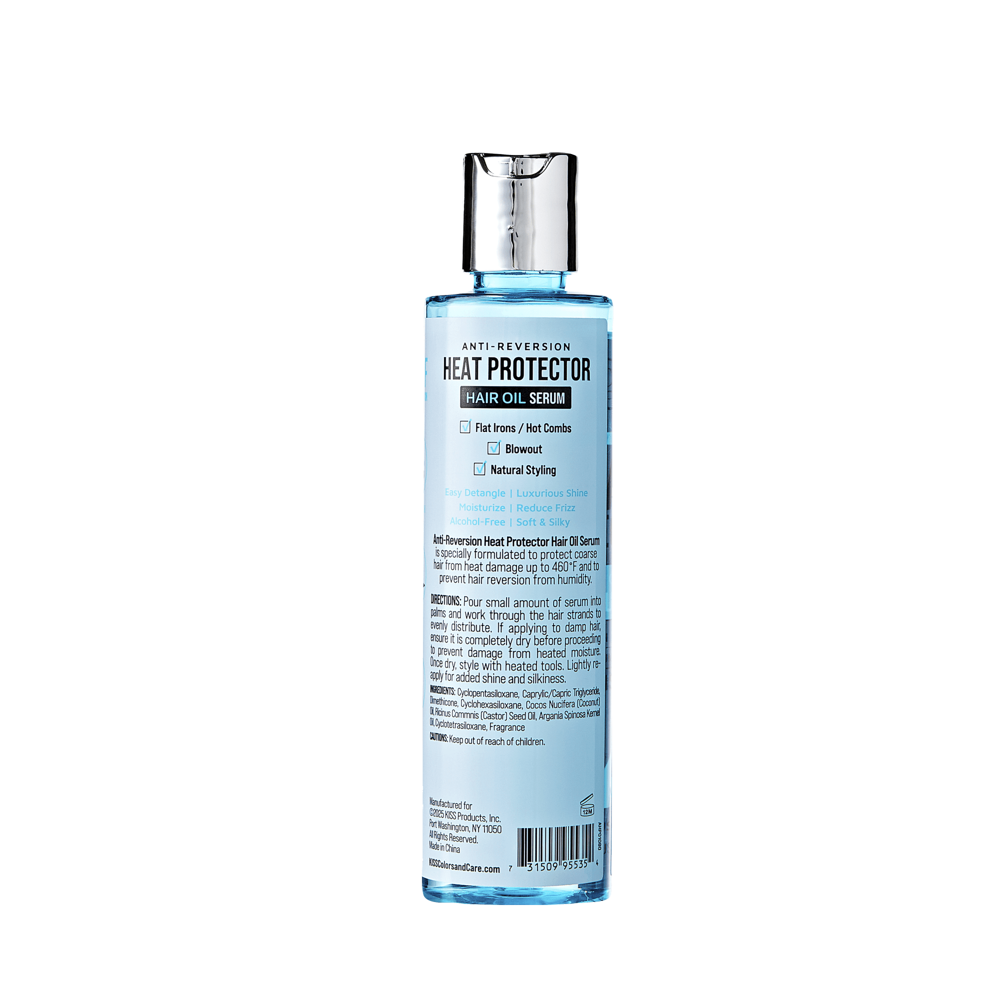 Clear blue bottle of Anti-Reversion Heat Protector Hair Oil Serum with silver cap, protects hair from heat damage and frizz, easy detangle and shiny finish.
