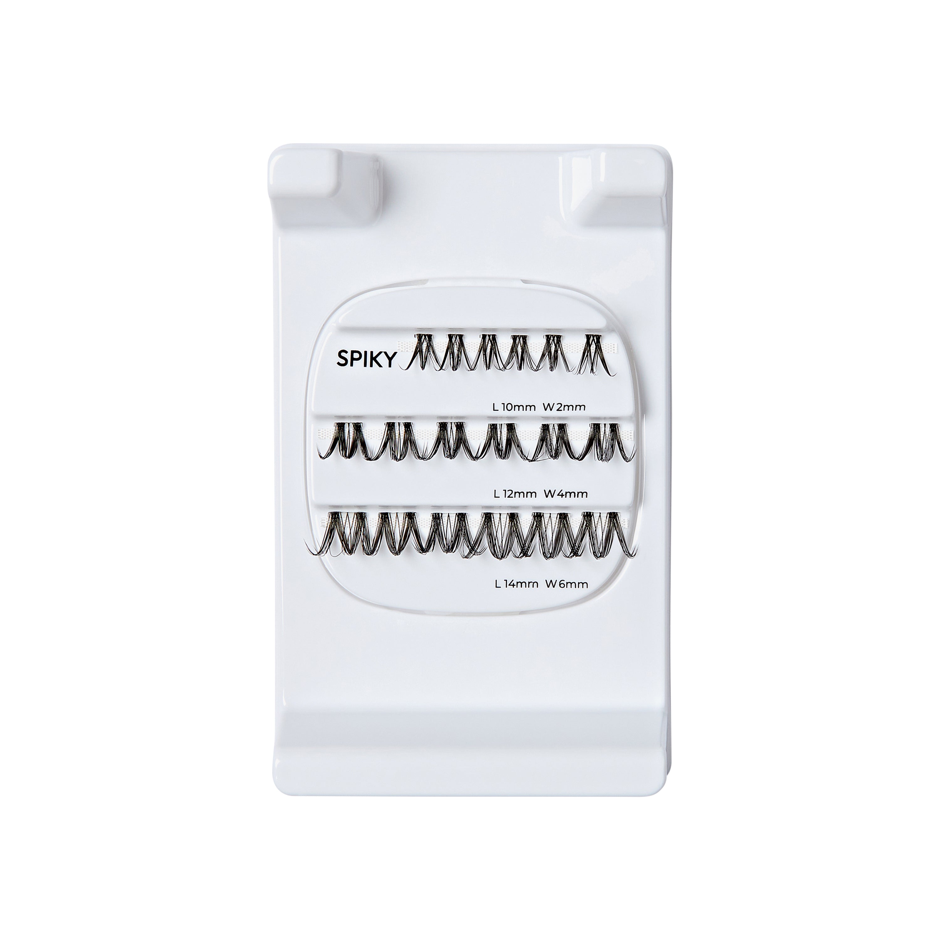The image features a white display card designed for showcasing false eyelashes. It has three rows of lashes labeled "SPIKY," with varying lengths and widths. The top row contains lashes measuring 10mm in length and 2mm in width, the middle row has lashes that are 12mm long and 2mm wide, and the bottom row features lashes that are 14mm long and 6mm wide. The overall design is clean and organized, making it easy to view the different styles of lashes.