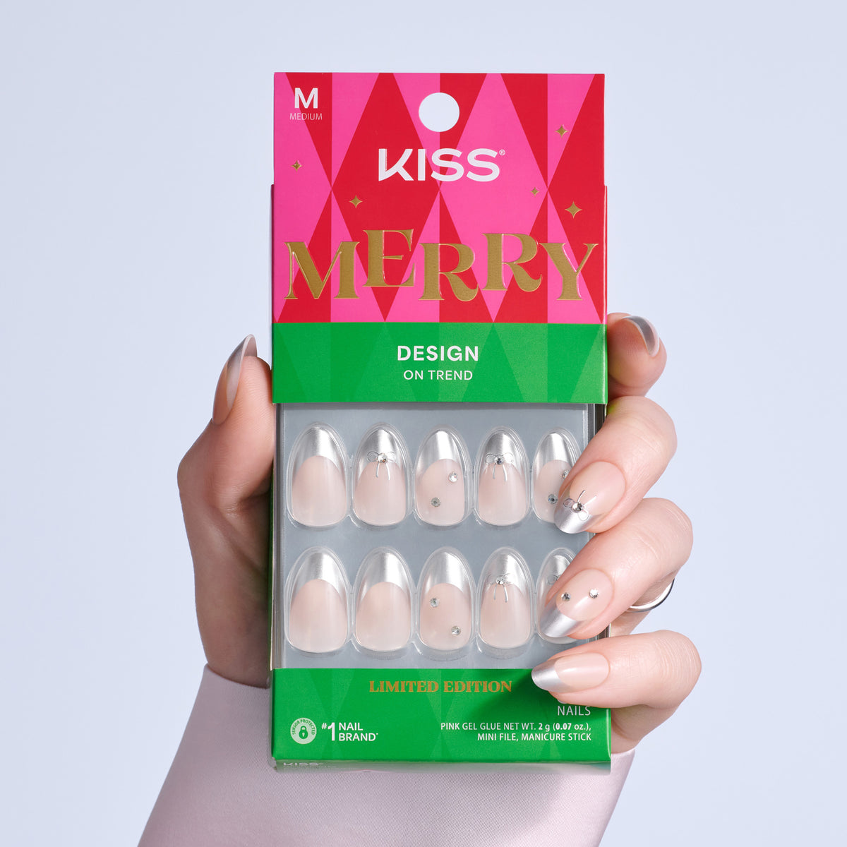 Kiss Merry Holiday Press On Fake Glue Nails - Let It Glow | 3D & Jewel French Design, Silver, Medium, Almond