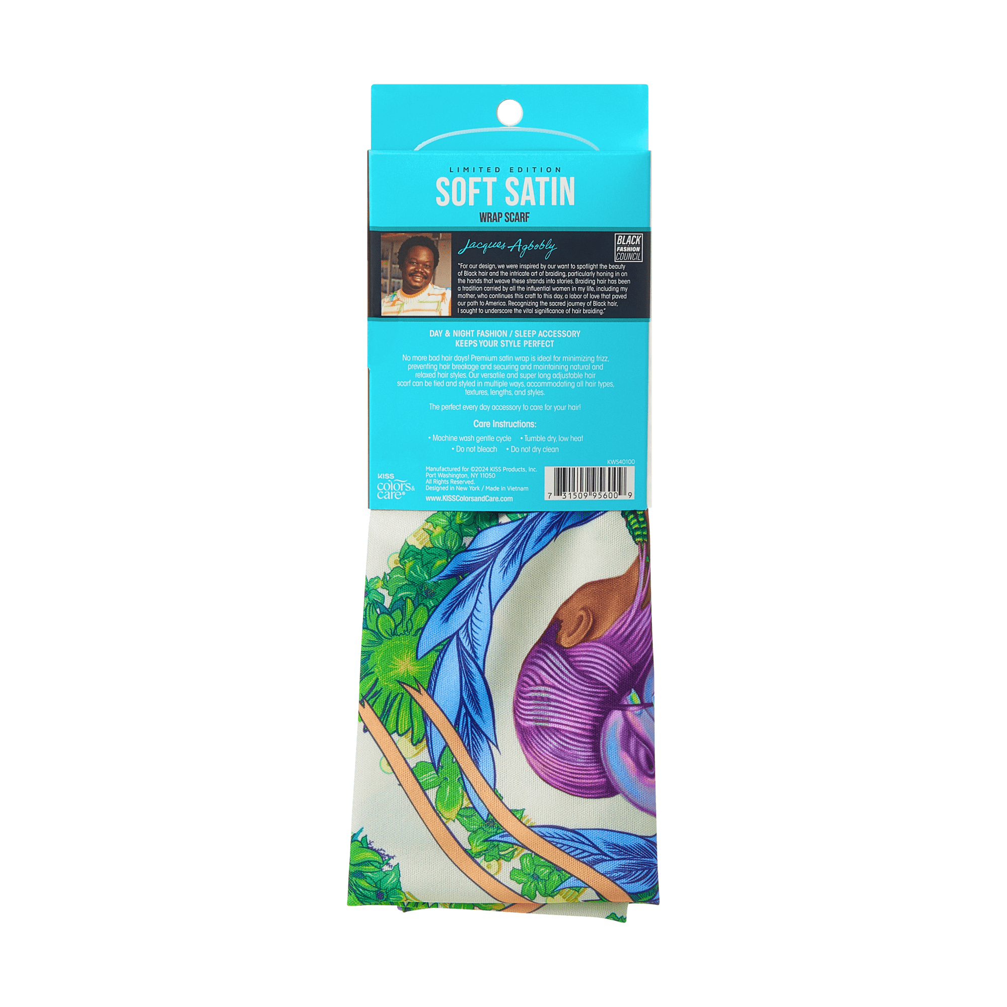 KISS Colors & Care Limited Edition soft satin wrap scarf in vibrant floral and feather design, with packaging highlighting day & night use and hair care benefits.