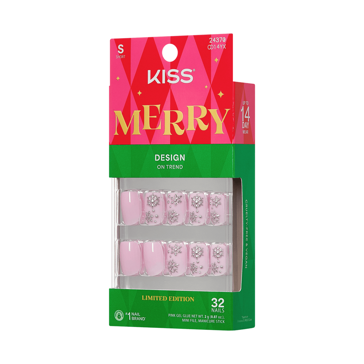 Kiss Merry Holiday Press On Fake Glue Nails - Mistle Glow | Design, Pink, Short, Squoval