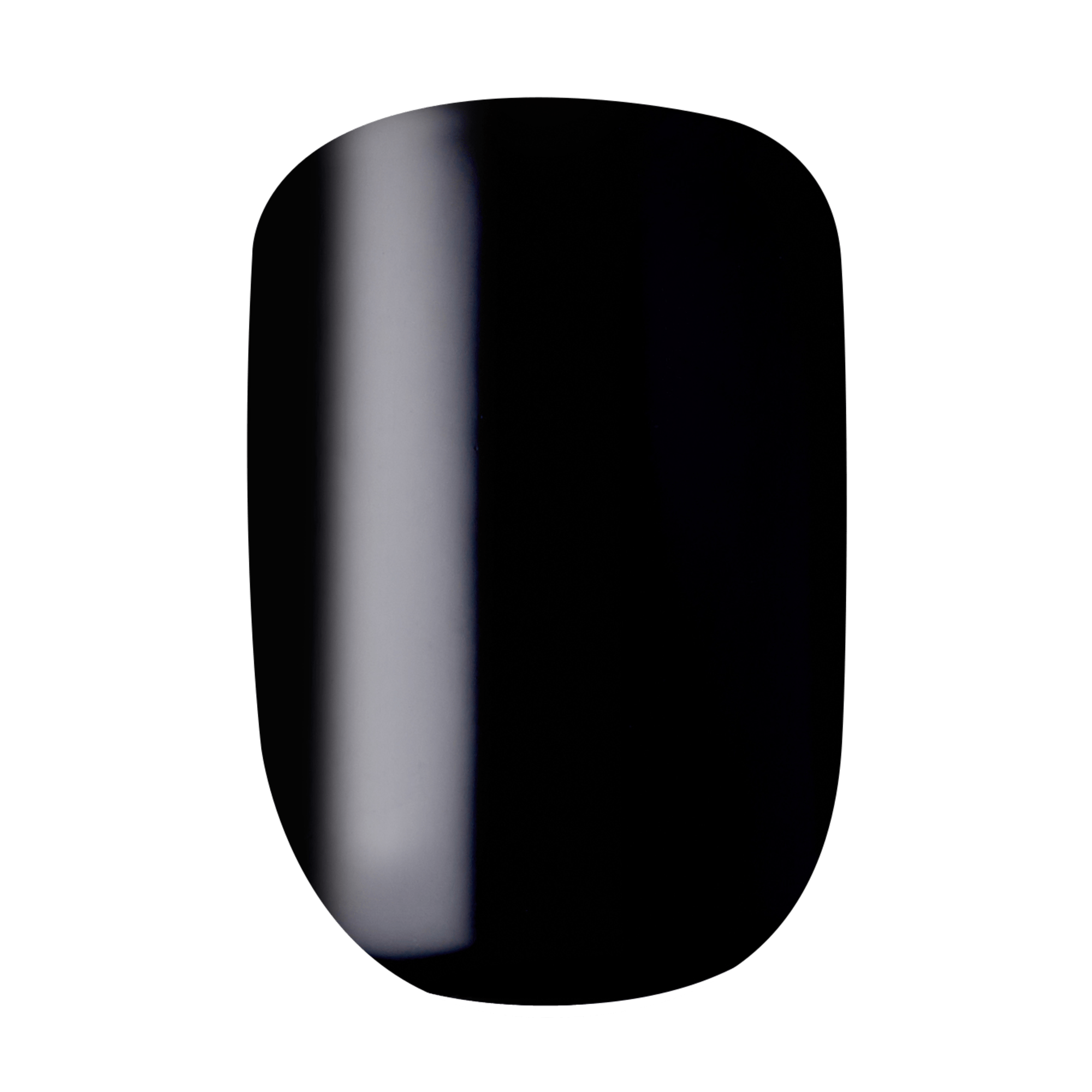 Glossy black press-on nail with a rounded square shape, showing a smooth, reflective surface and no visible patterns or text.