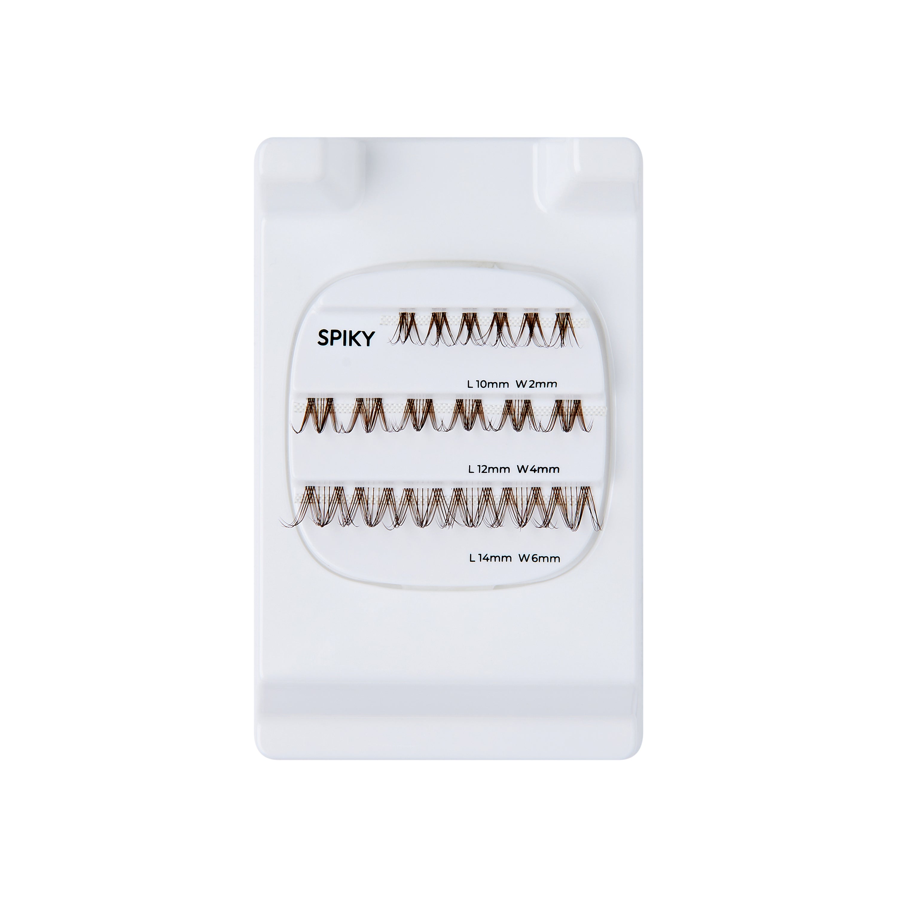 The image features a white lash tray labeled "SPIKY," which contains individual eyelash extensions. The tray is organized into three rows, each displaying different lengths of lashes: 10mm, 12mm, and 14mm. Each row has a varying width, indicated as W2mm, W6mm, and W6mm, respectively. The lashes are arranged neatly, showcasing their spiky design, which is intended to create a dramatic and voluminous look for eyelash extensions.