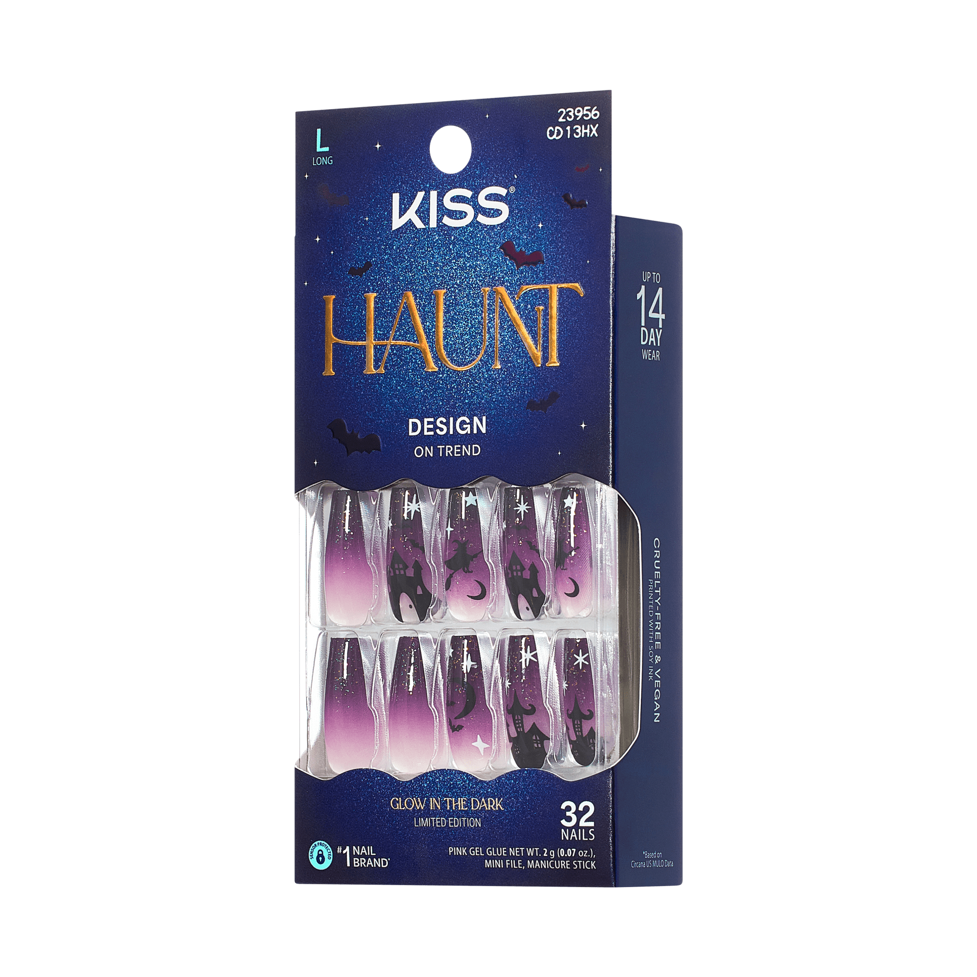 Kiss Haunt Halloween Press On Fake Glue Nails - After Dark | Design, Purple, Long, Coffin, Glow In The Dark