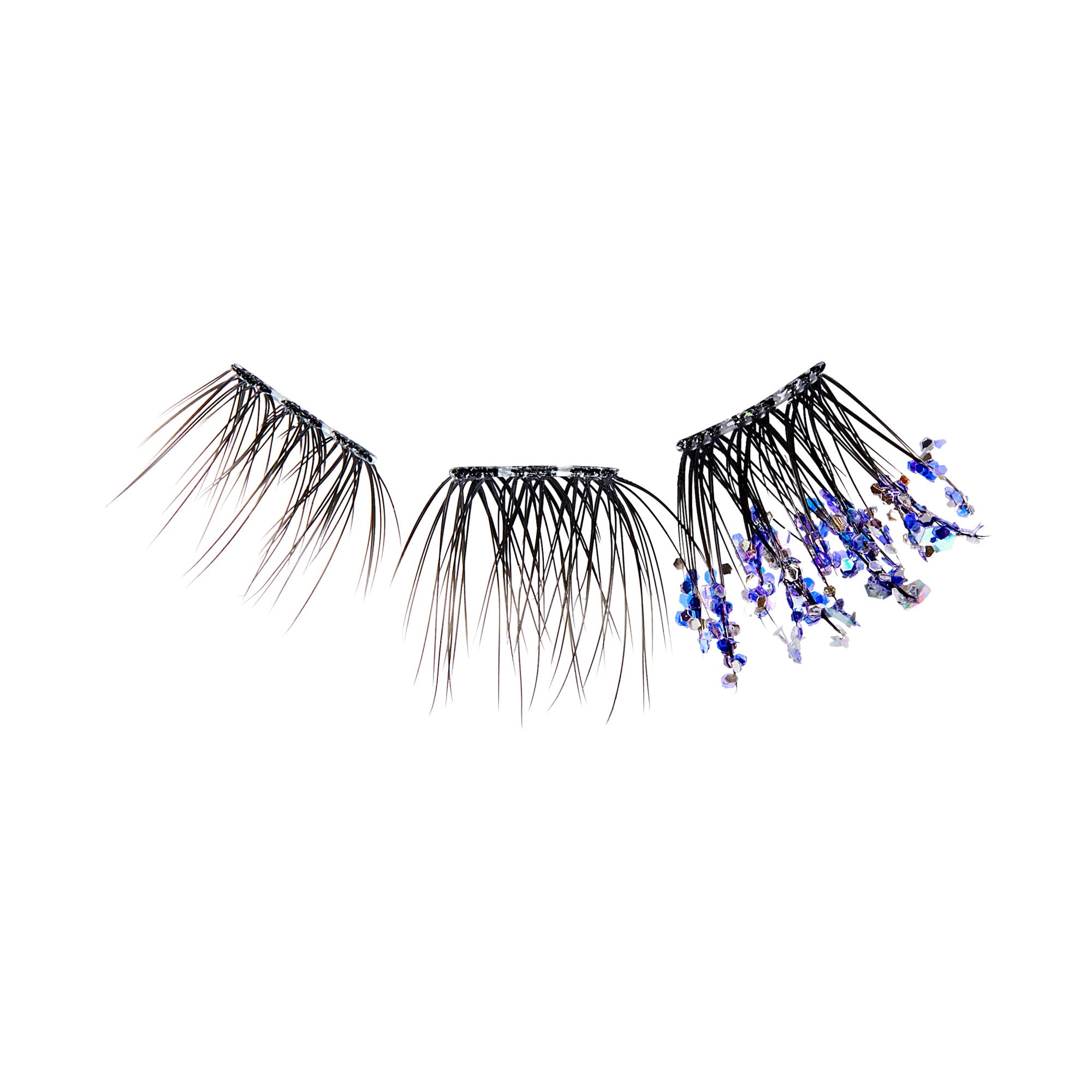 The image features a set of decorative hair accessories. There are three pieces arranged in a fan-like formation. The two outer pieces consist of long, thin strands resembling hair, while the middle piece is adorned with small blue beads or flowers, adding a touch of color and elegance. The overall design appears intricate and stylish, suitable for enhancing hairstyles.