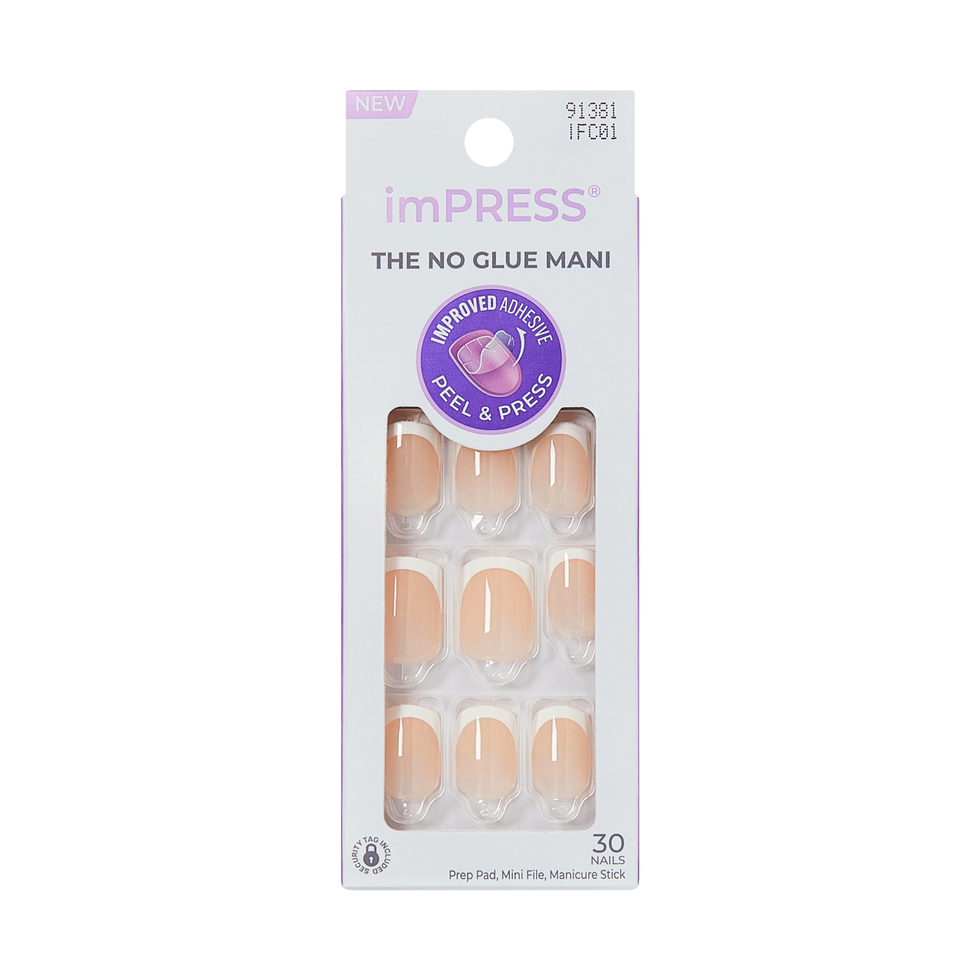 imPRESS French Press On Nails packaging showing 30 beige press-on nails with white tips, labeled \