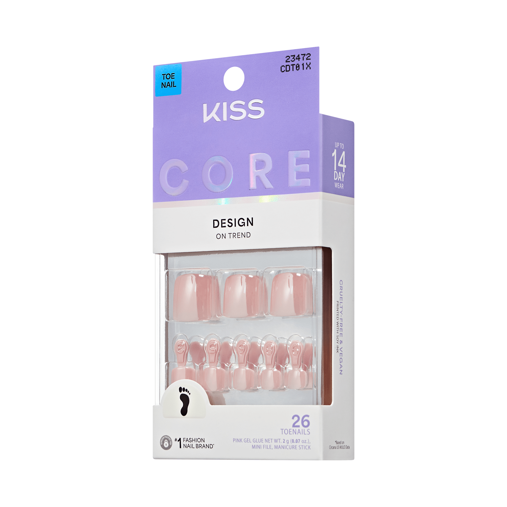 KISS Core Toe Nail Kit, 26 Toenails, Pink Gel, Up to 14 Day Wear