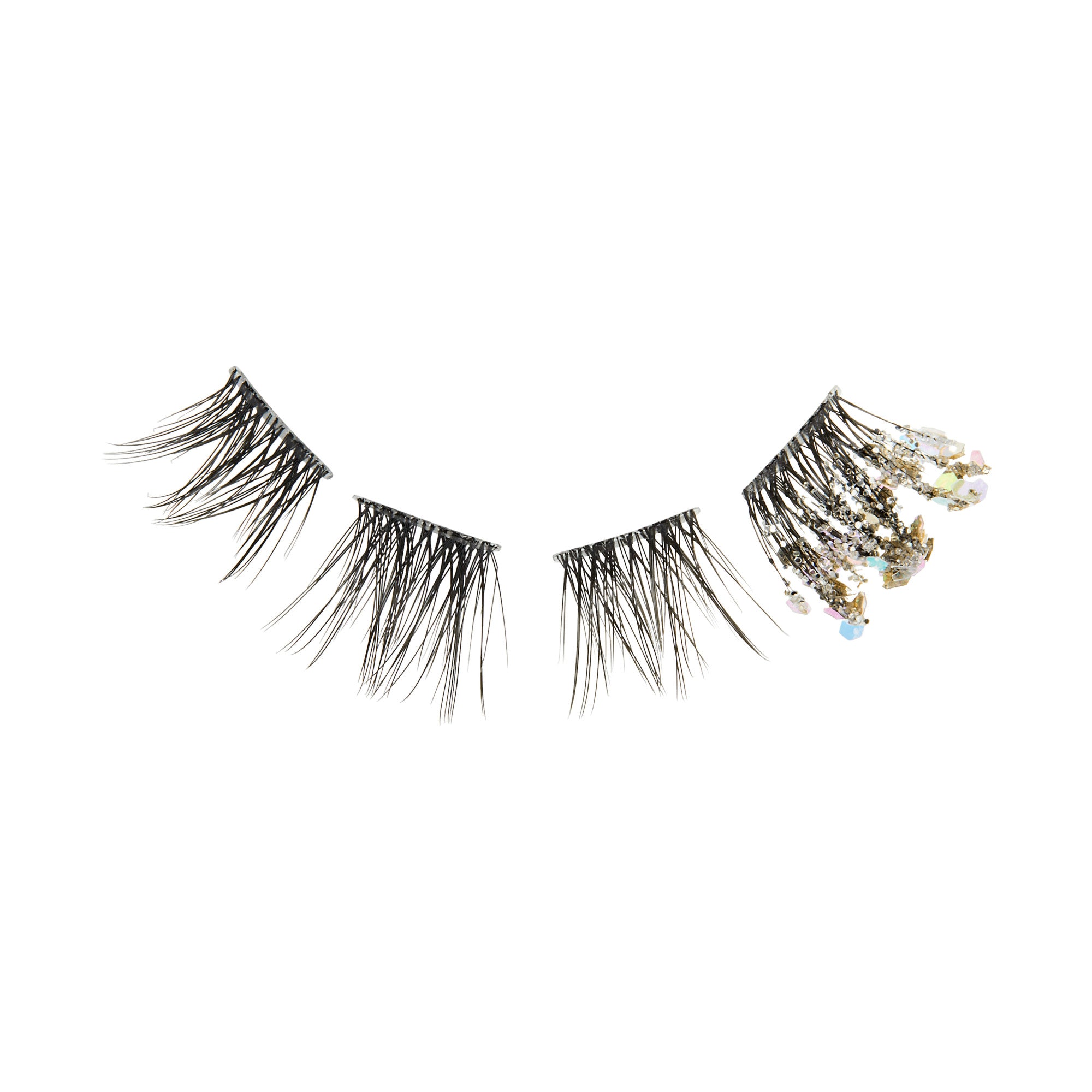 Pair of false eyelashes with black strands, featuring an asymmetrical design; one strip ends with iridescent beads and sequins for sparkle.