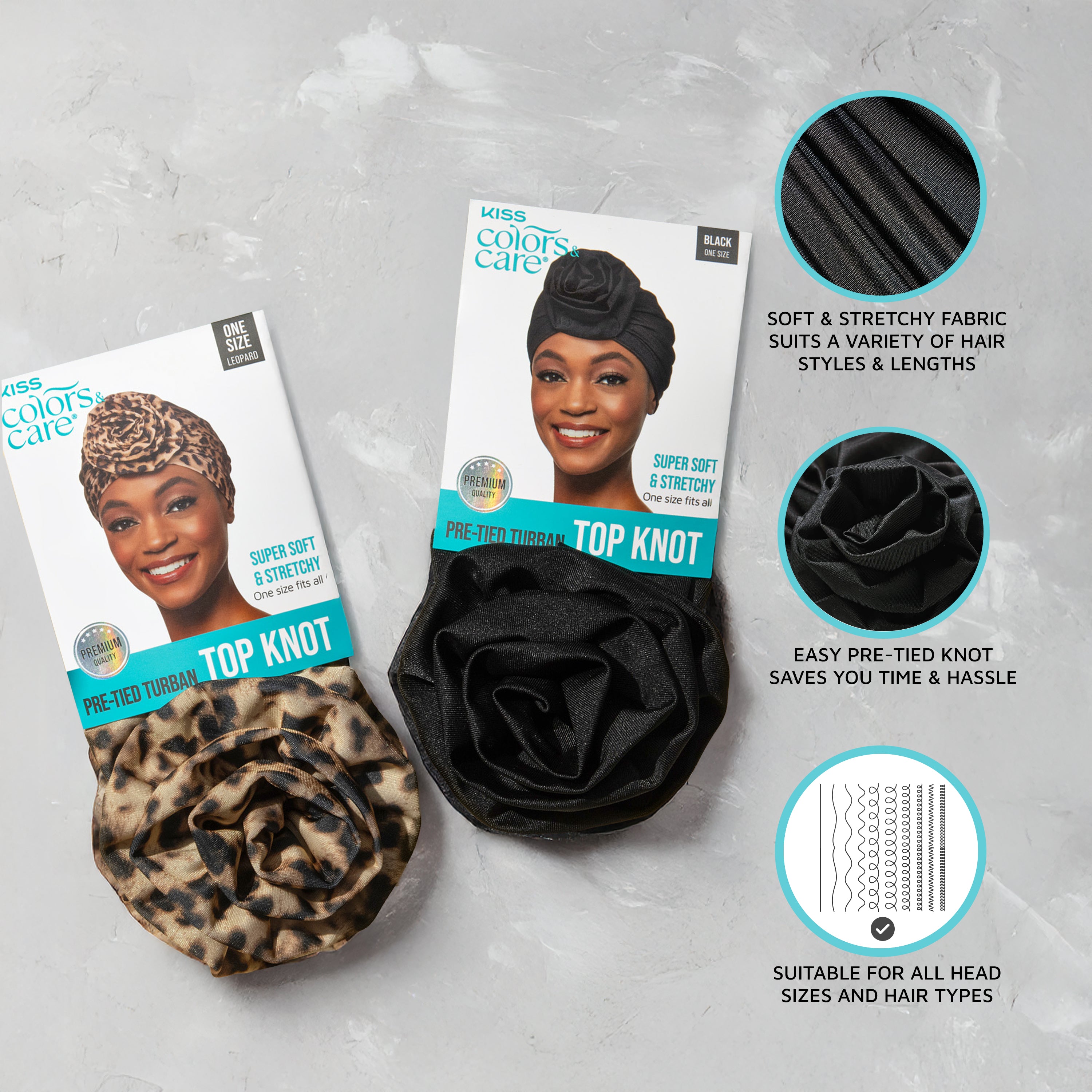 KISS Colors & Care Pre-Tied Top Knot Turban packaging shows two turbans, leopard and black, with a smiling model.