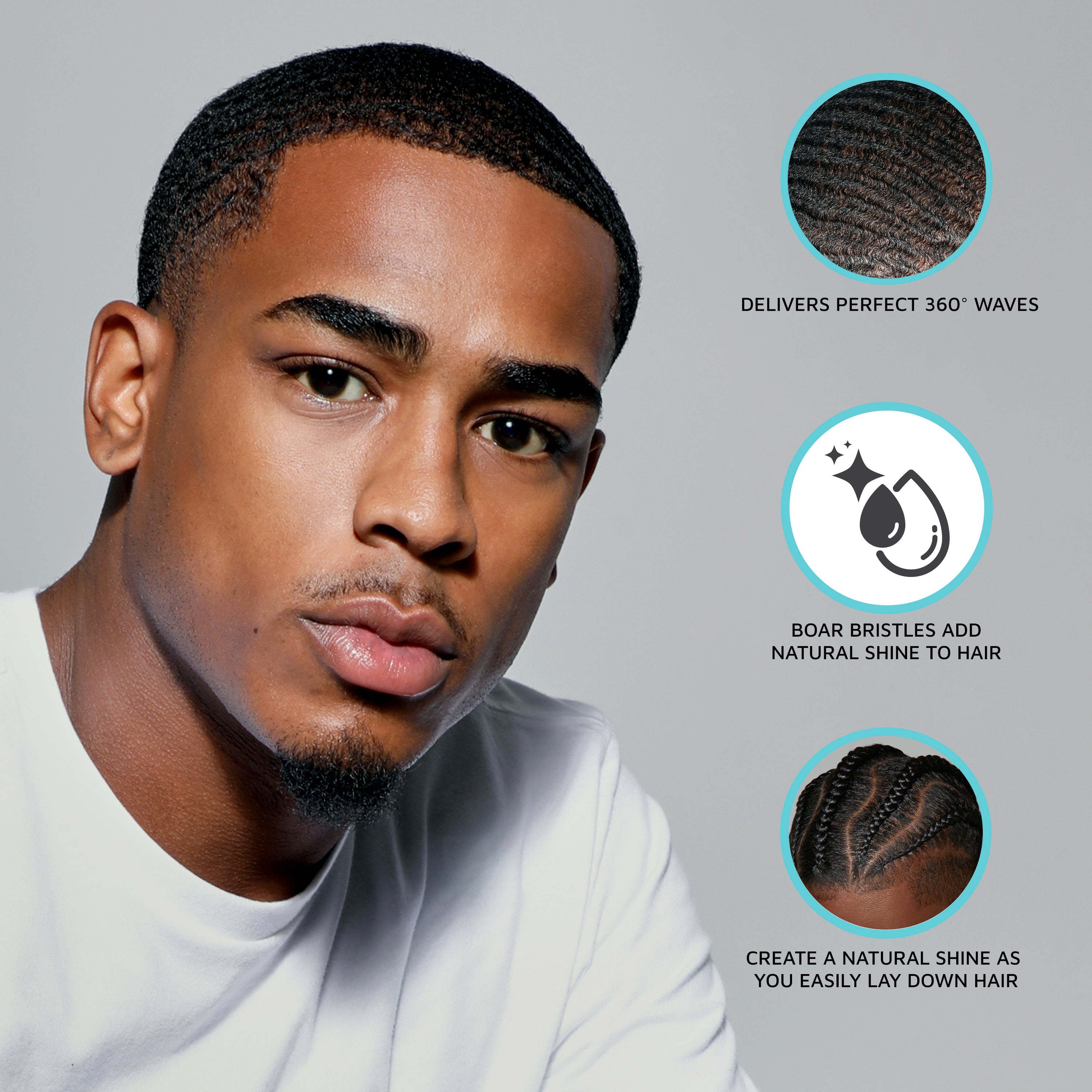 Close-up of a man with short, shiny waves hairstyle wearing a white shirt, with text highlighting the brush’s benefits: delivers perfect 360° waves, boar bristles add natural shine, and helps lay down hair smoothly.