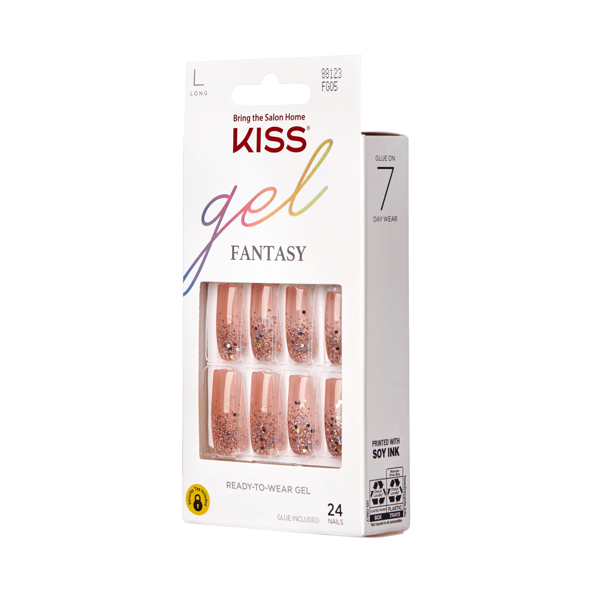 KISS Gel Fantasy press-on nails in long size, featuring a nude base with rose gold glitter tips, displayed in white packaging with \