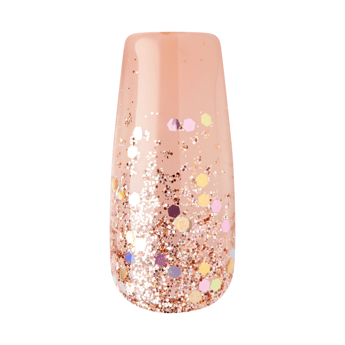 Peach-toned glossy gel nail with a tapered tip, adorned with scattered hexagonal and small glitter pieces in gold, pink, and silver.