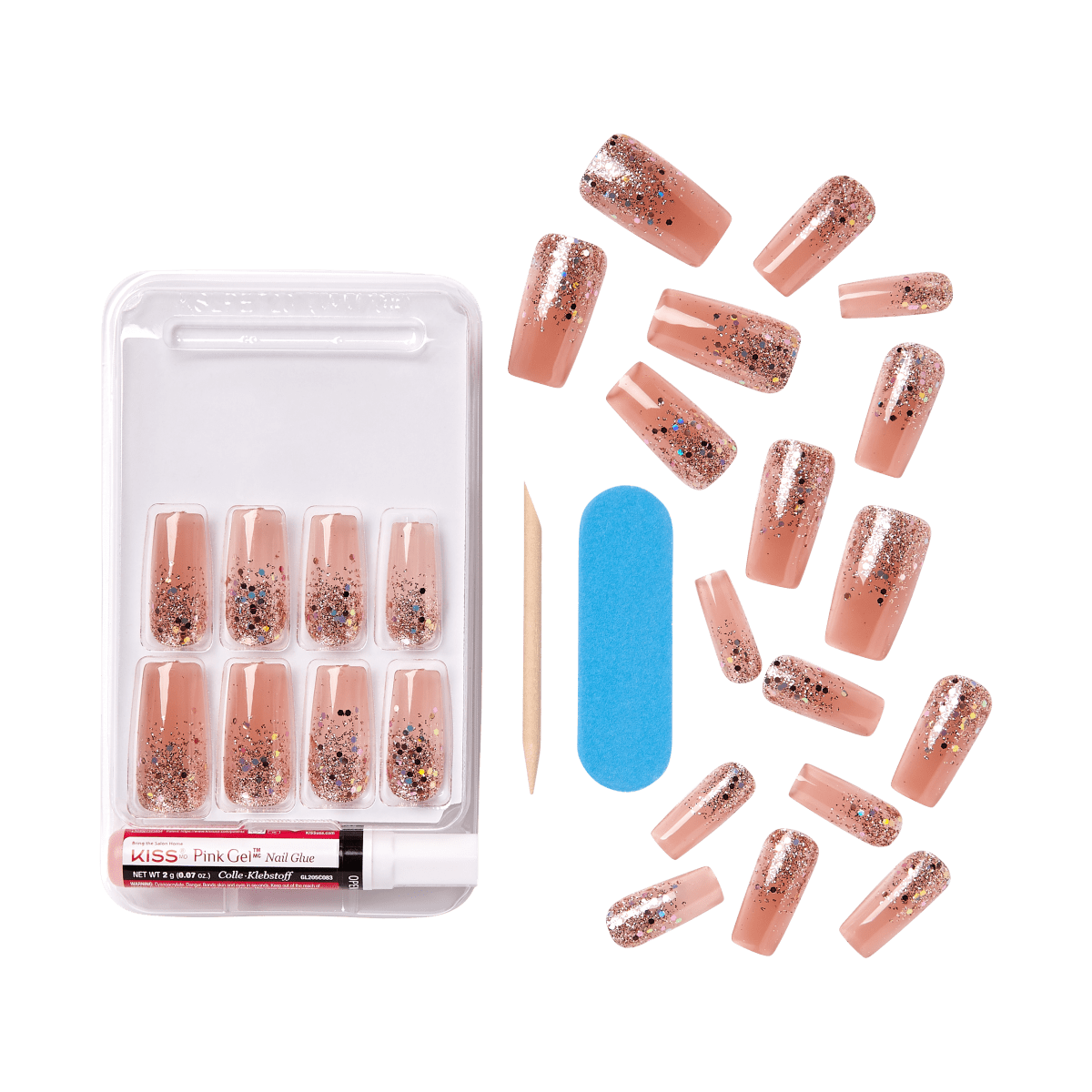 Set of 24 KISS Gel Fantasy Nails in nude pink with multicolored glitter tips, includes nail glue, blue nail file, and wooden cuticle stick.
