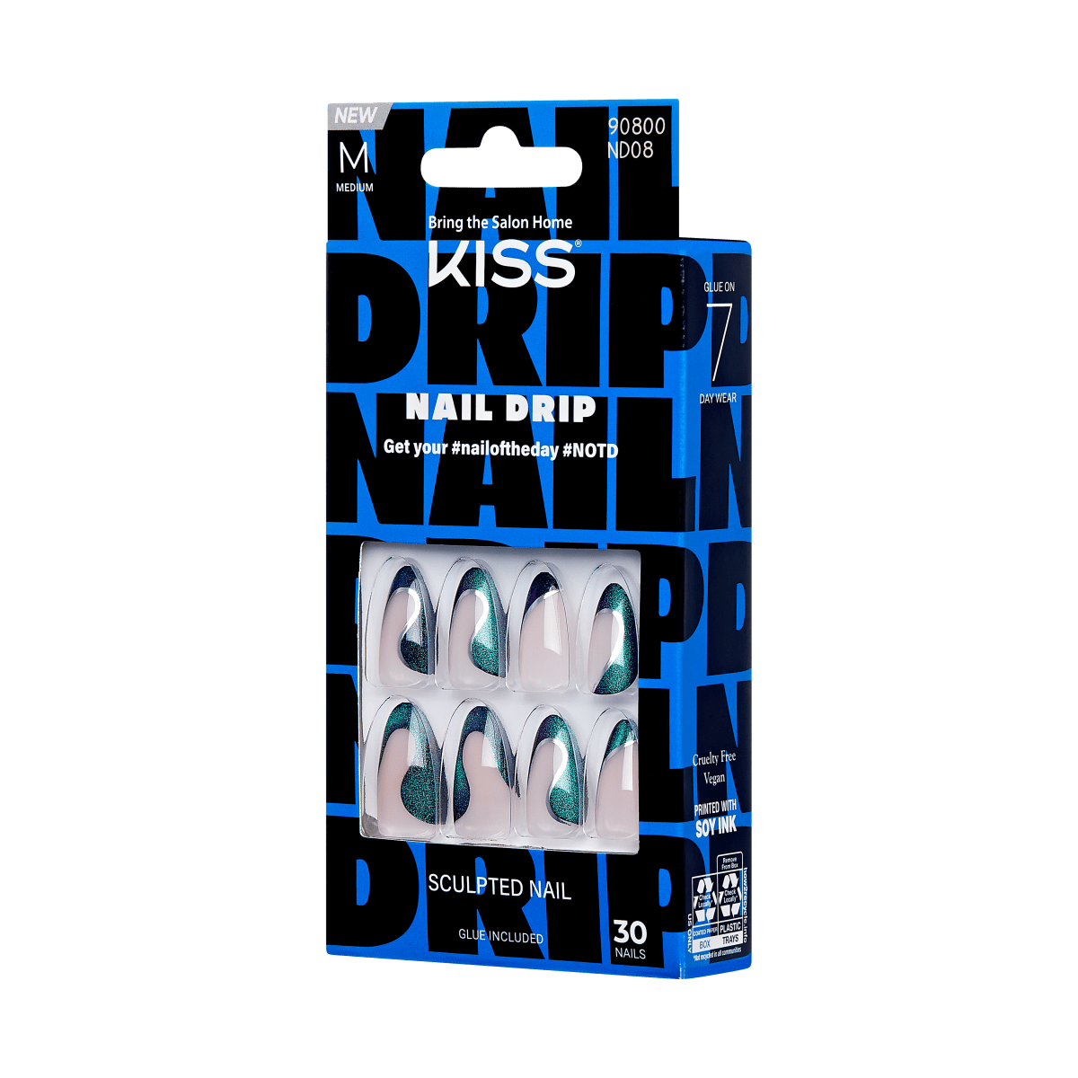 KISS Nail Drip Press-On Nails, Black, Medium Length, Almond Shape